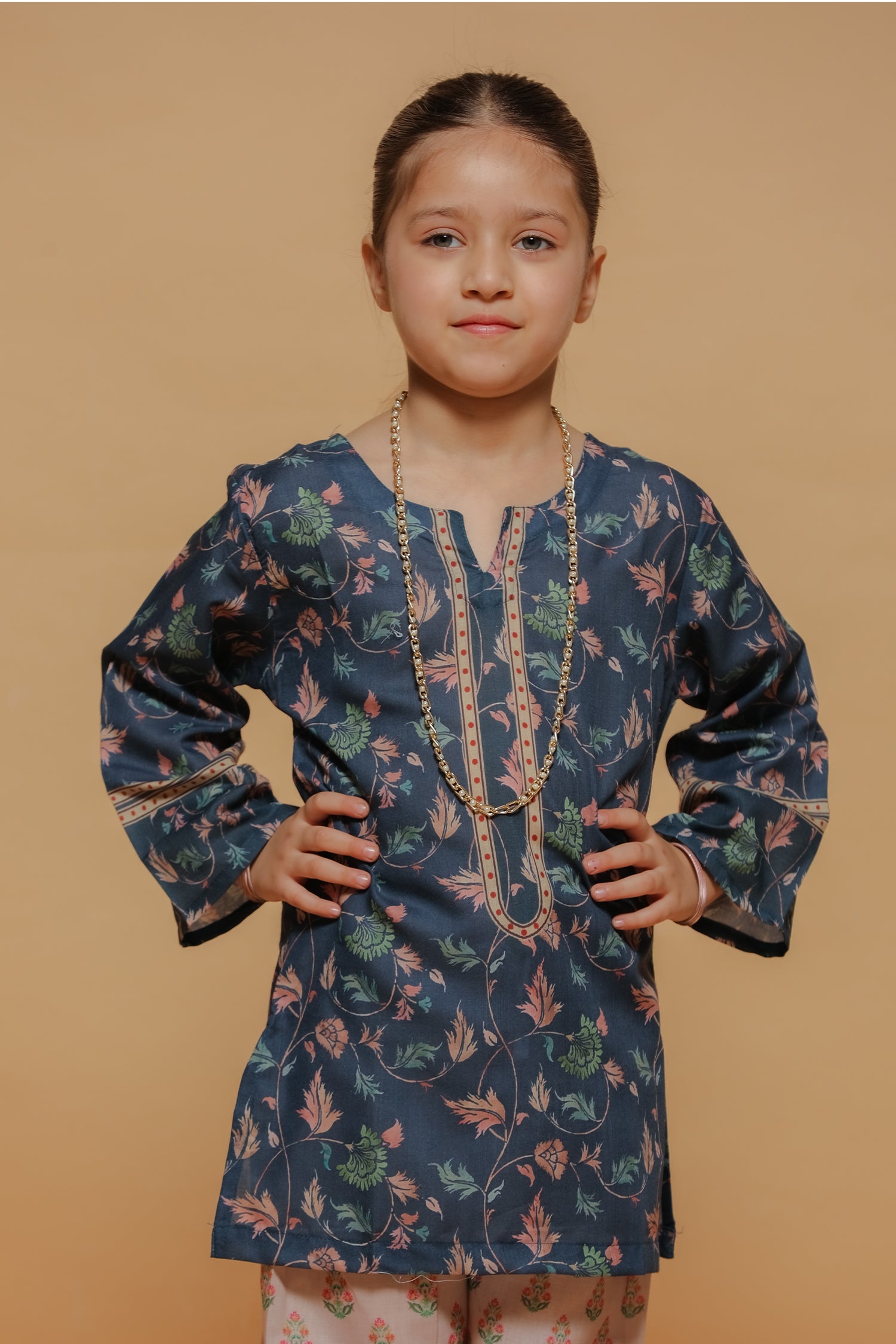 Kids Navy Floral Printed Lawn Cotton Co-ord Set