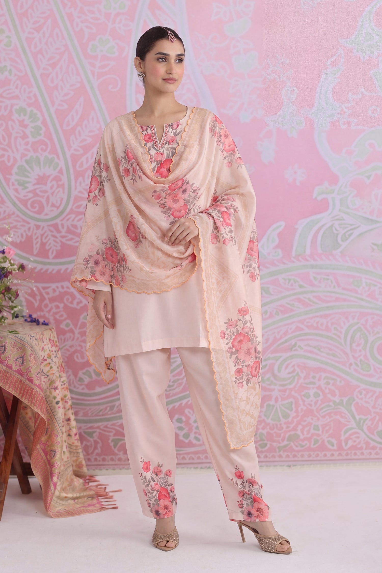 Printed Organza Dupatta in Beige