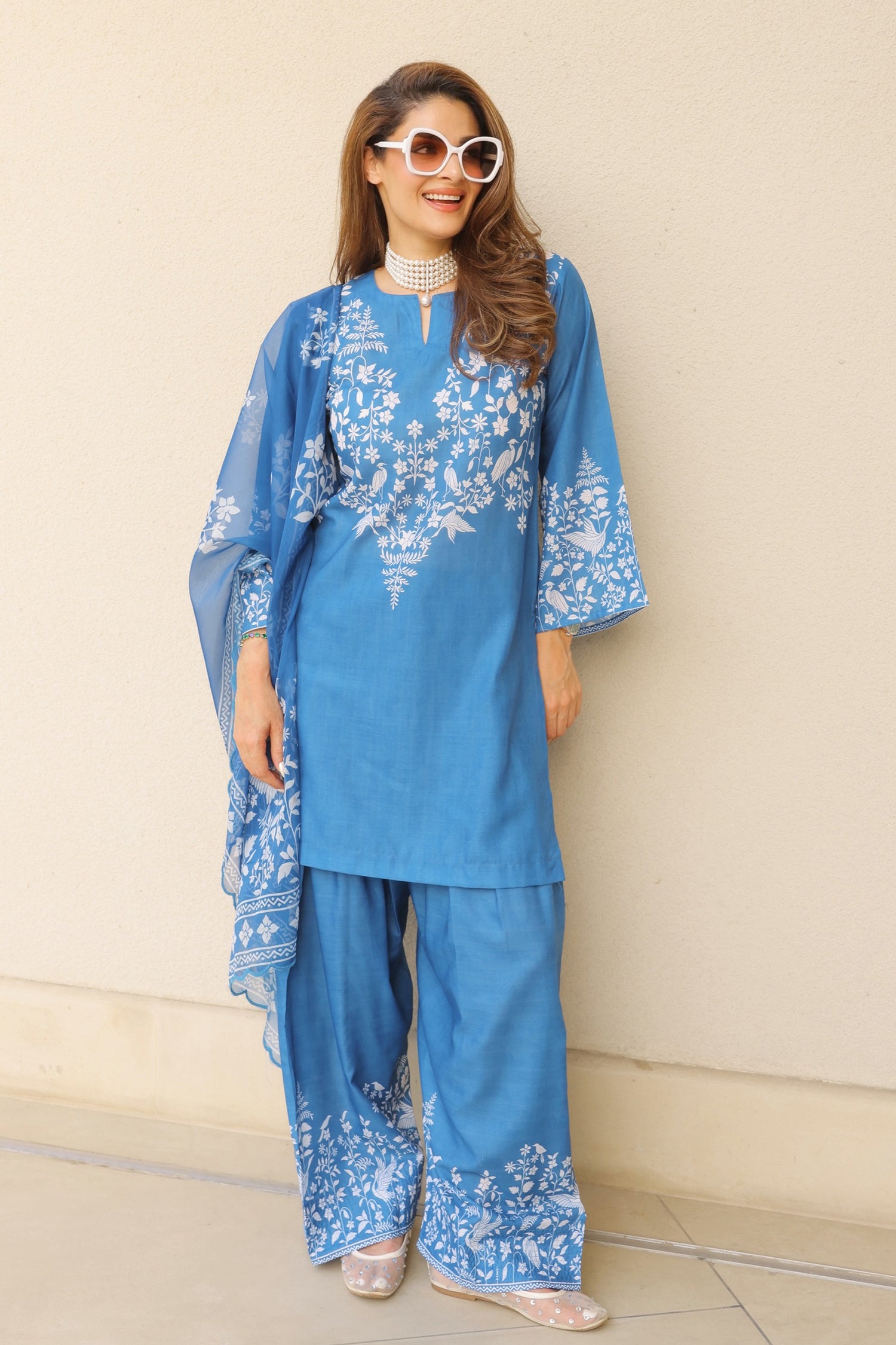 Priyanka x HOK in Indigo Blue Printed Lawn Cotton Kurta Set with Farsi Pants