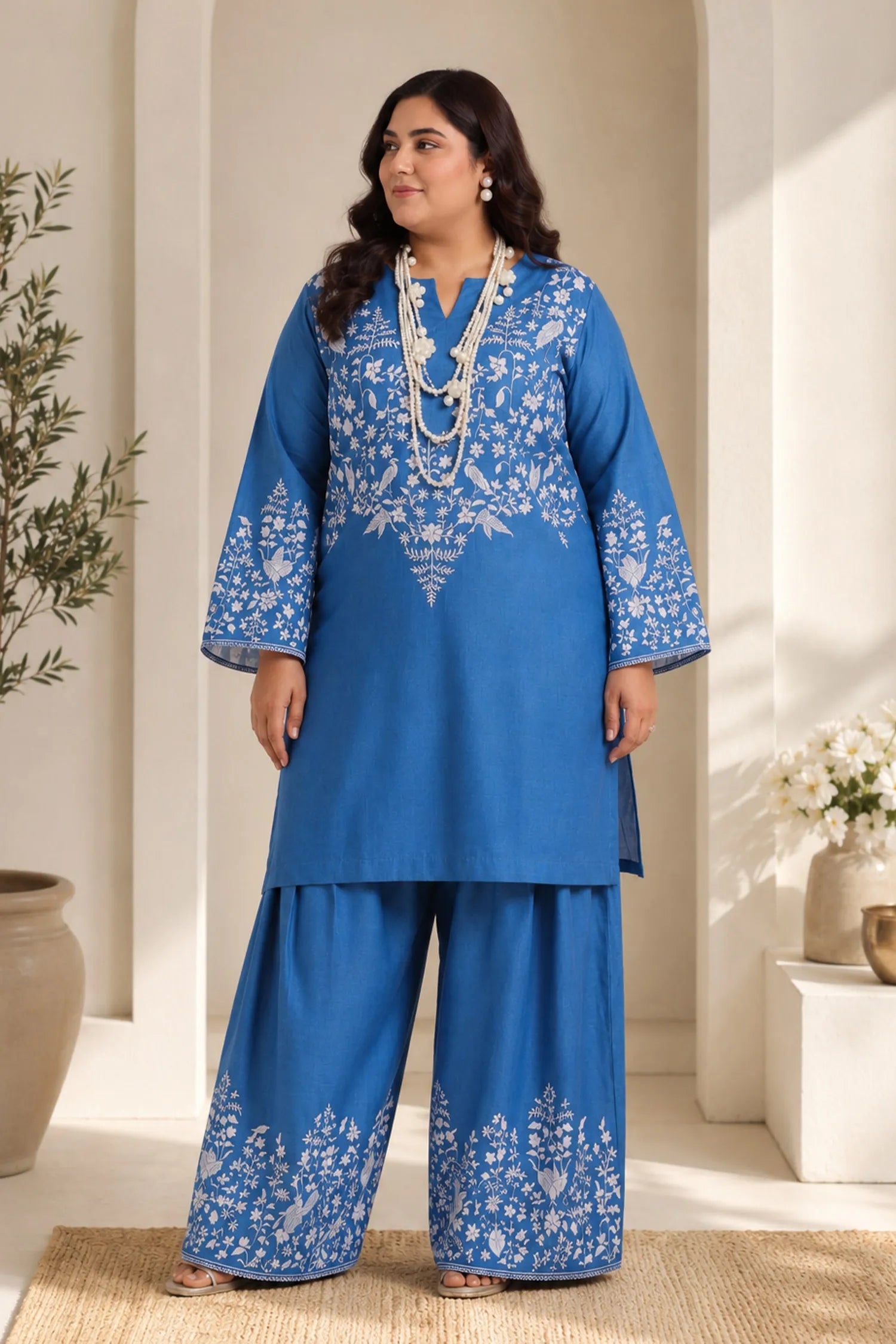 Plus Size - Indigo Blue Printed Lawn Cotton Co-ord Set with Farsi Pants