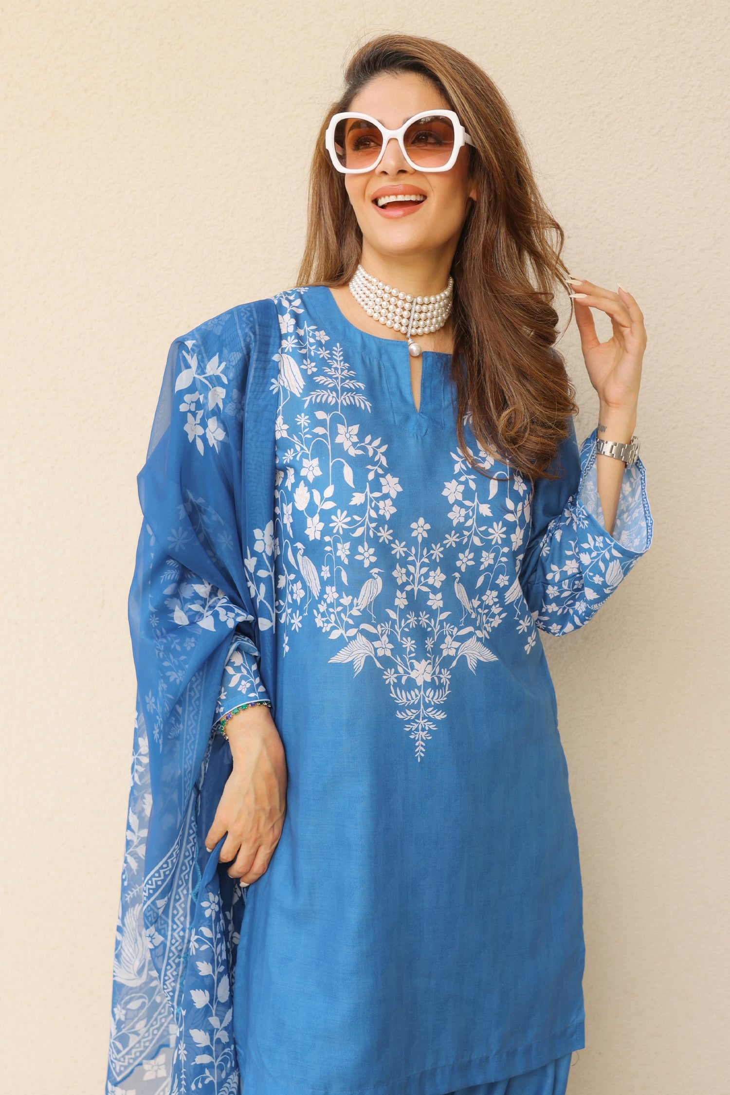 Priyanka x HOK in Indigo Blue Printed Lawn Cotton Kurta Set with Farsi Pants