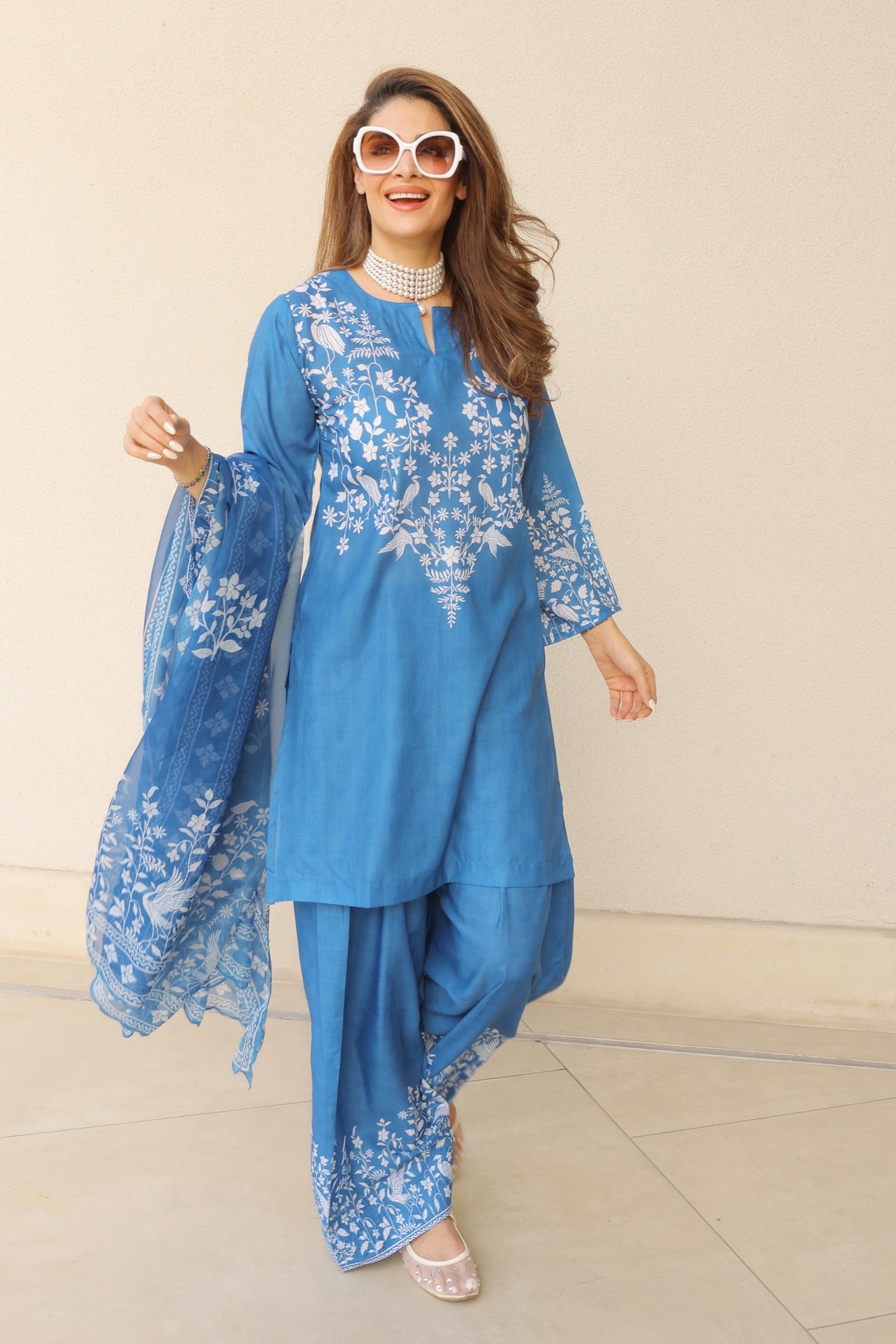 Priyanka x HOK in Indigo Blue Printed Lawn Cotton Kurta Set with Farsi Pants