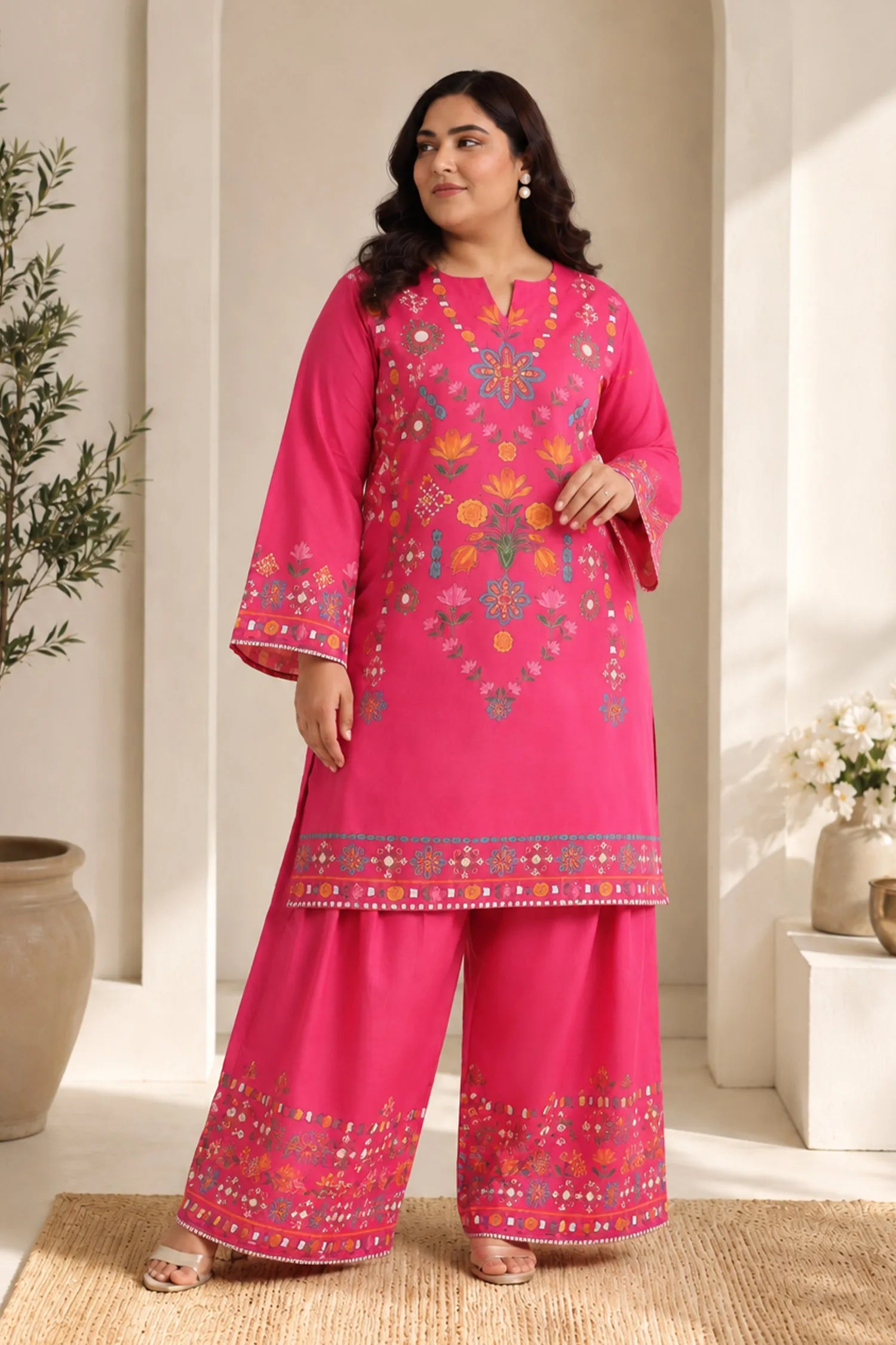 Plus Size - Raspberry Pink Printed Lawn Cotton Co-ord Set with Farsi Pants