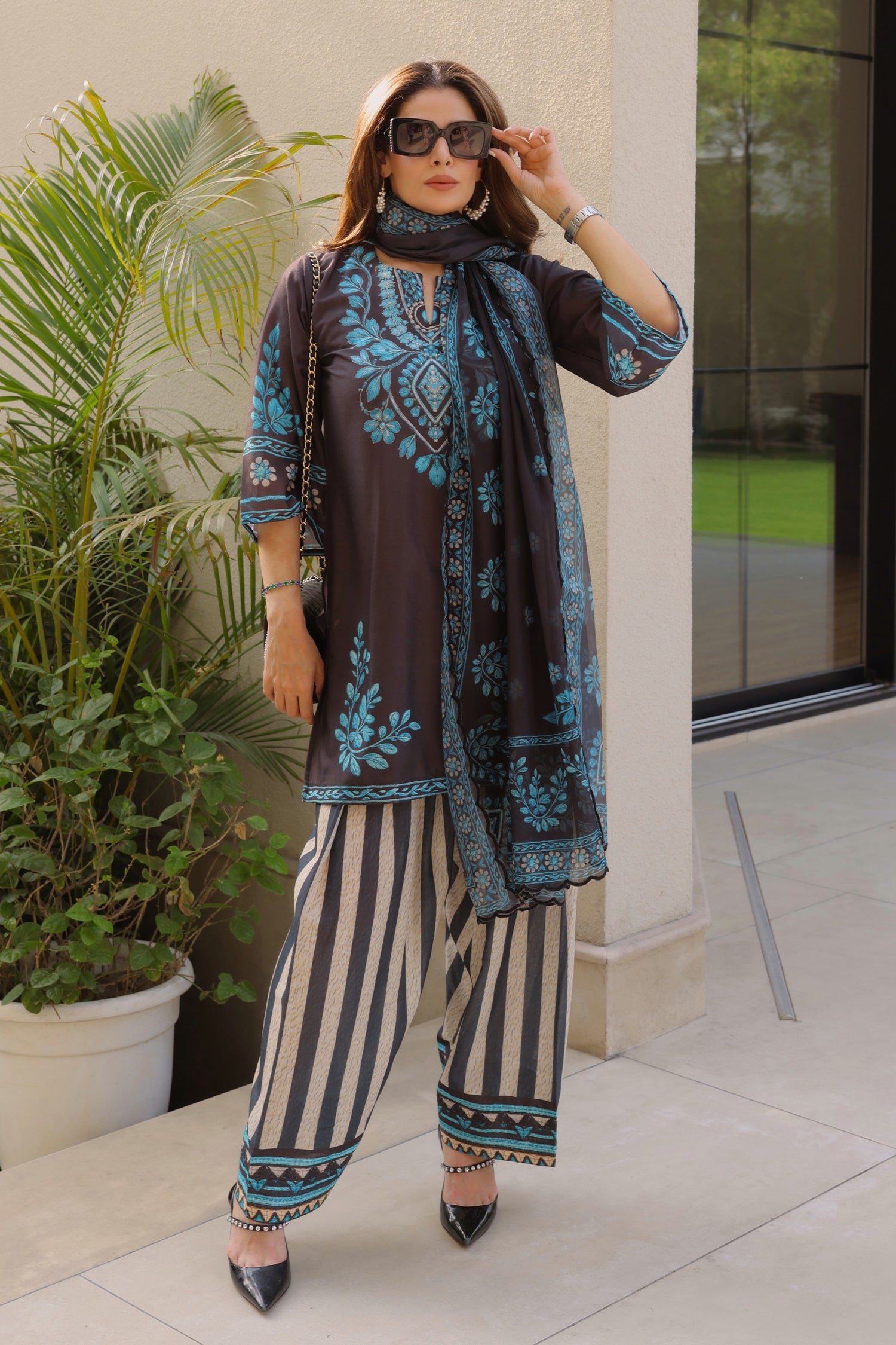 Priyanka x HOK in Black & Teal Printed Lawn Cotton Kurta Set with Farsi Pants