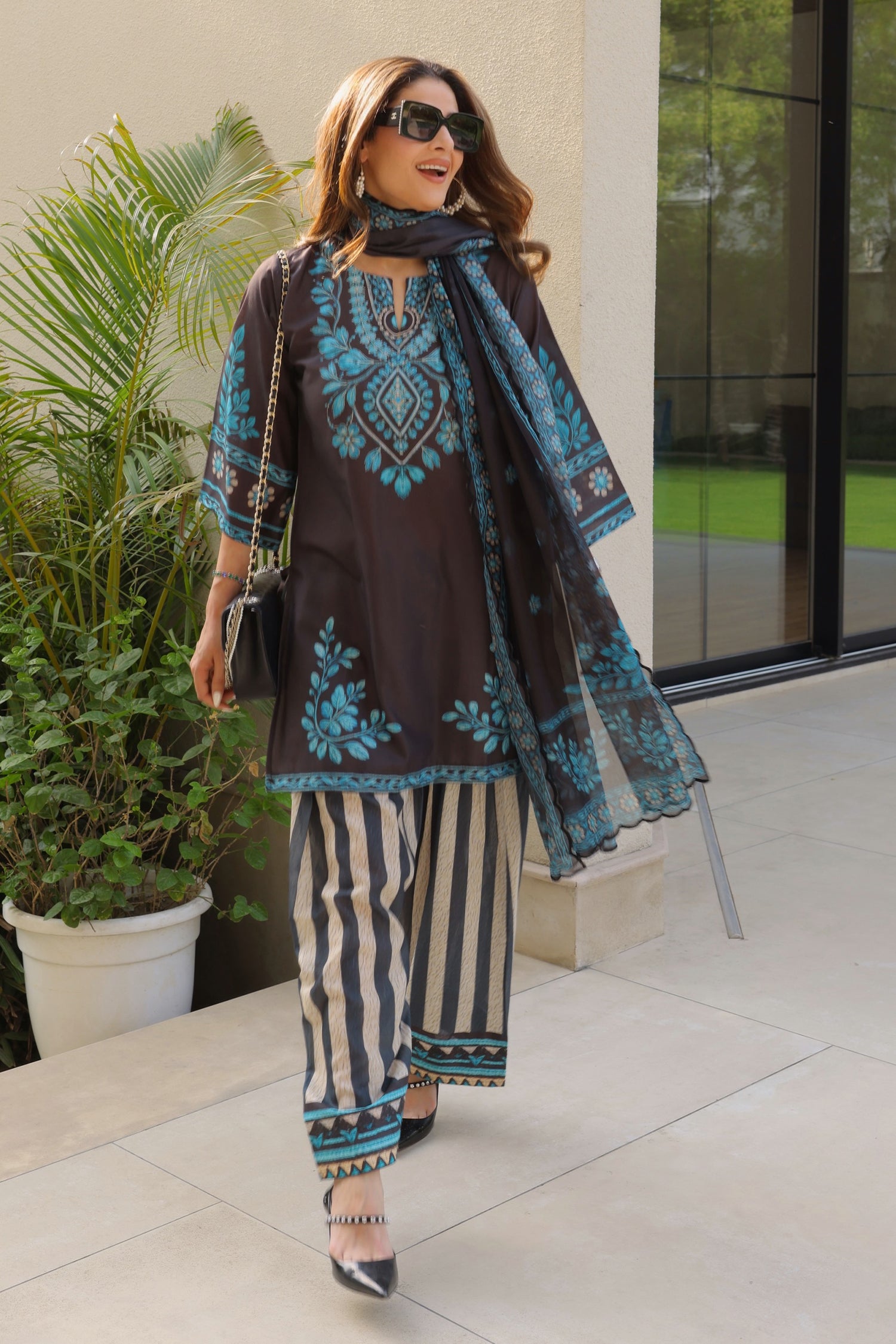 Priyanka x HOK in Black & Teal Printed Lawn Cotton Kurta Set with Farsi Pants