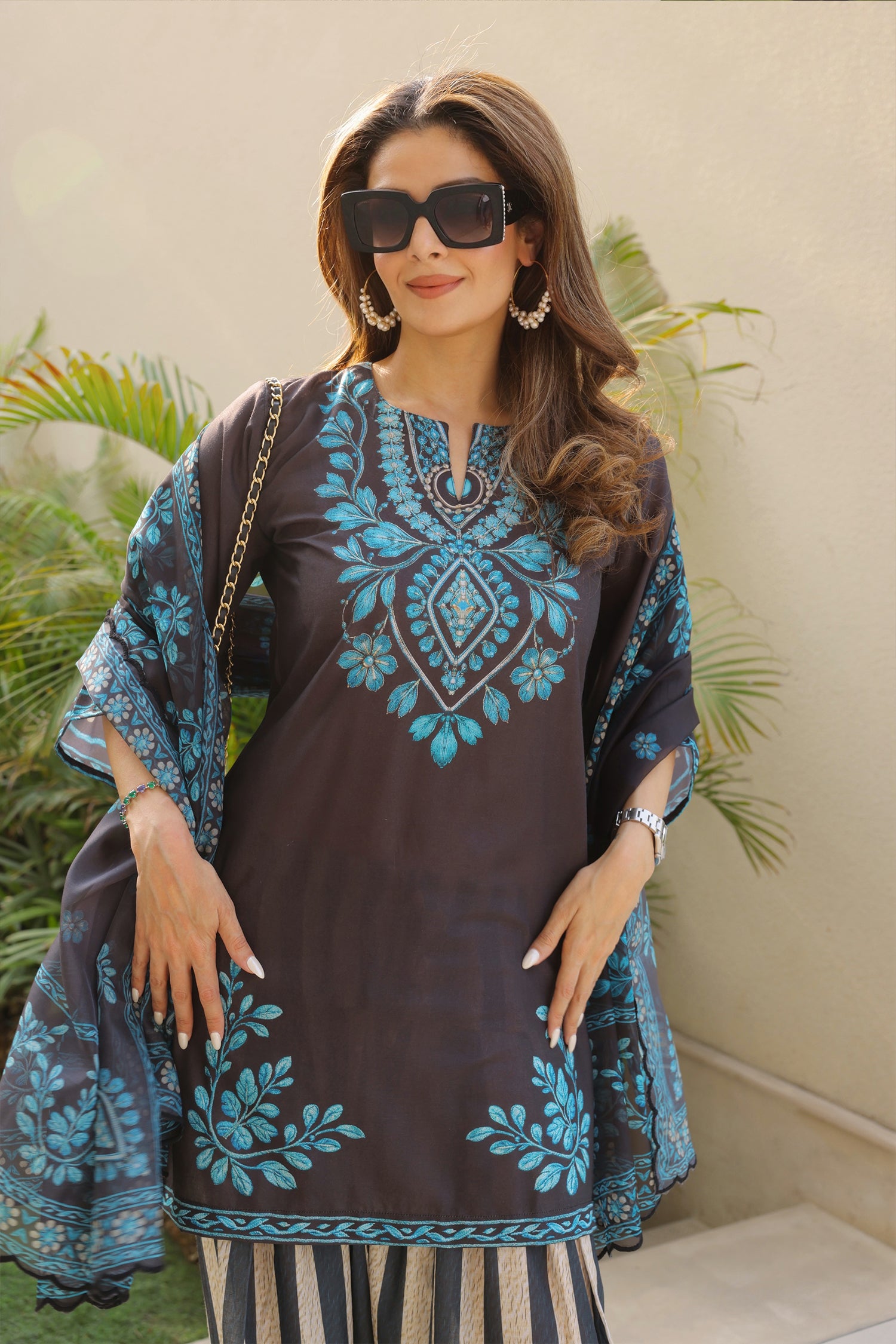 Priyanka x HOK in Black & Teal Printed Lawn Cotton Kurta Set with Farsi Pants