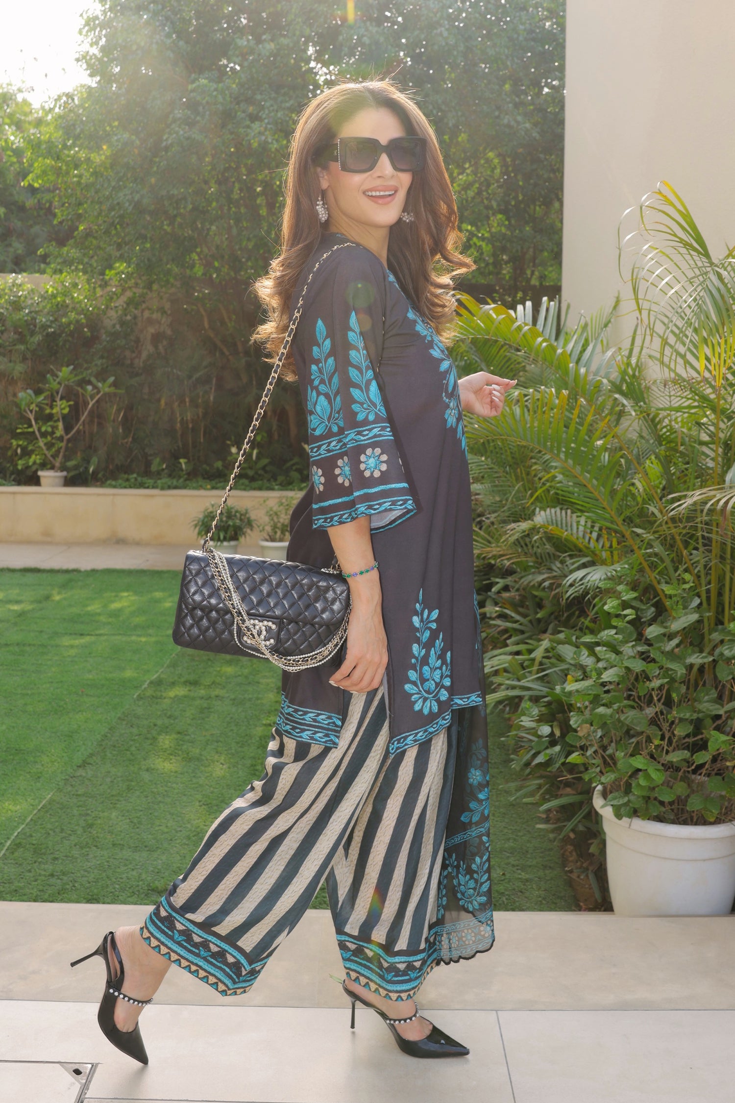 Priyanka x HOK in Black & Teal Printed Lawn Cotton Kurta Set with Farsi Pants