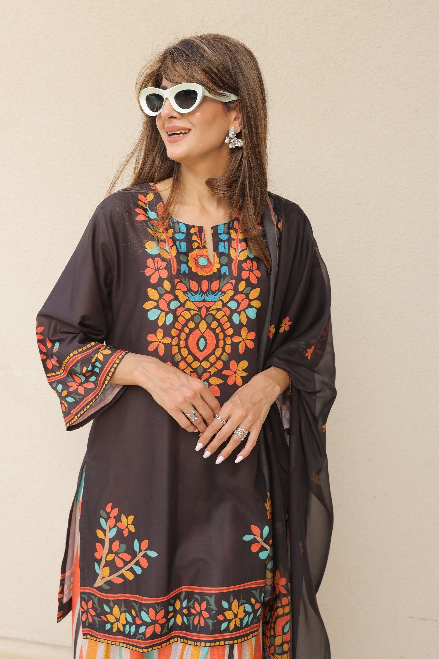 Neha x HOK in Black Multicolour Printed Lawn Cotton Kurta Set with Farsi Pants