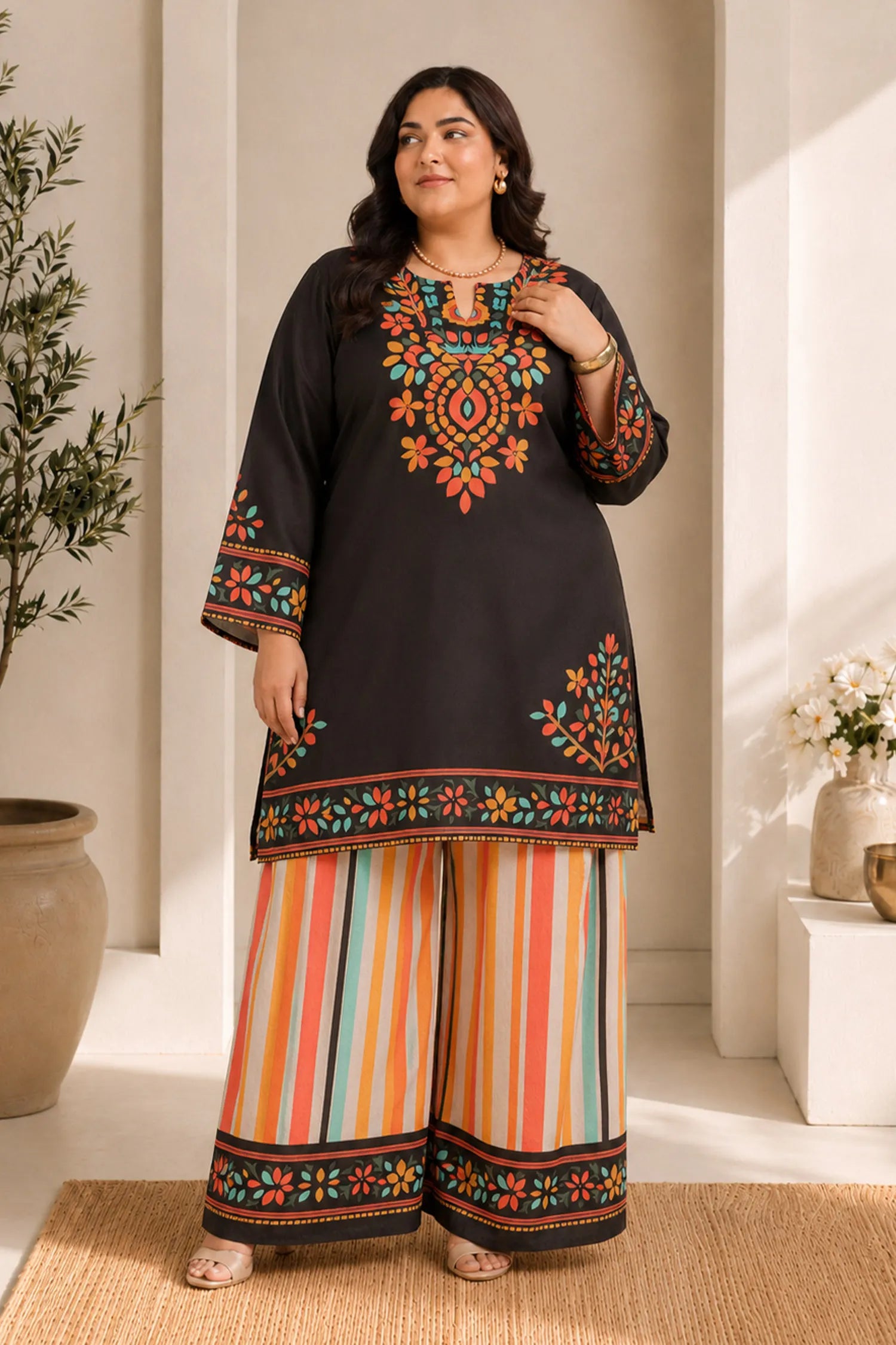 Plus Size - Black Multicolour Printed Lawn Cotton Co-ord Set with Farsi Pants
