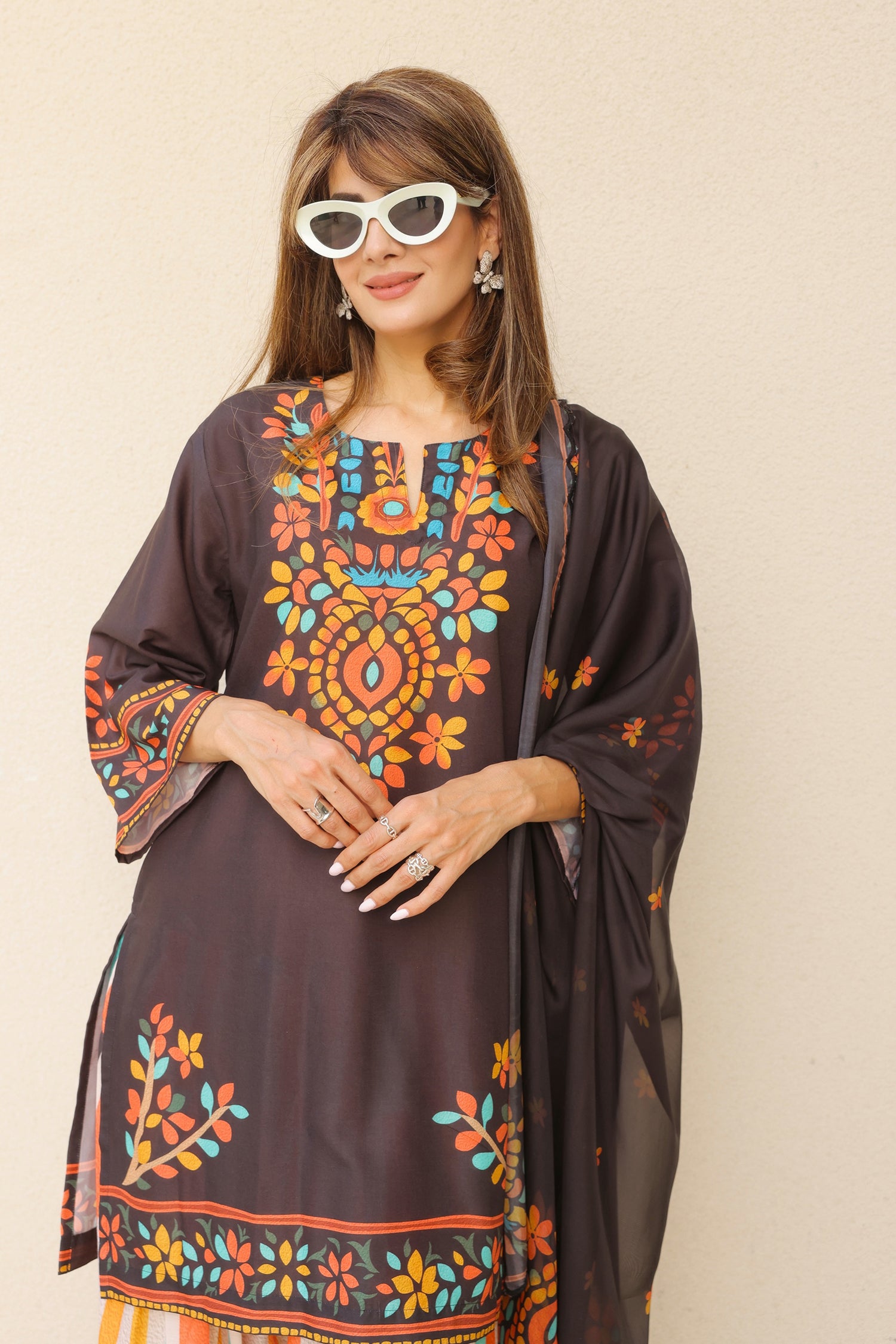 Neha x HOK in Black Multicolour Printed Lawn Cotton Kurta Set with Farsi Pants