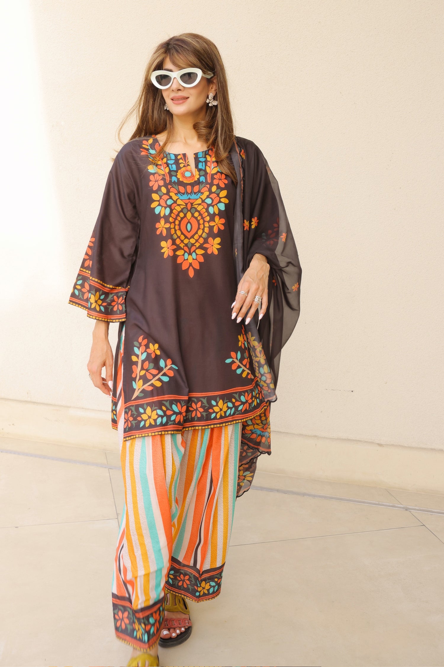 Neha x HOK in Black Multicolour Printed Lawn Cotton Kurta Set with Farsi Pants