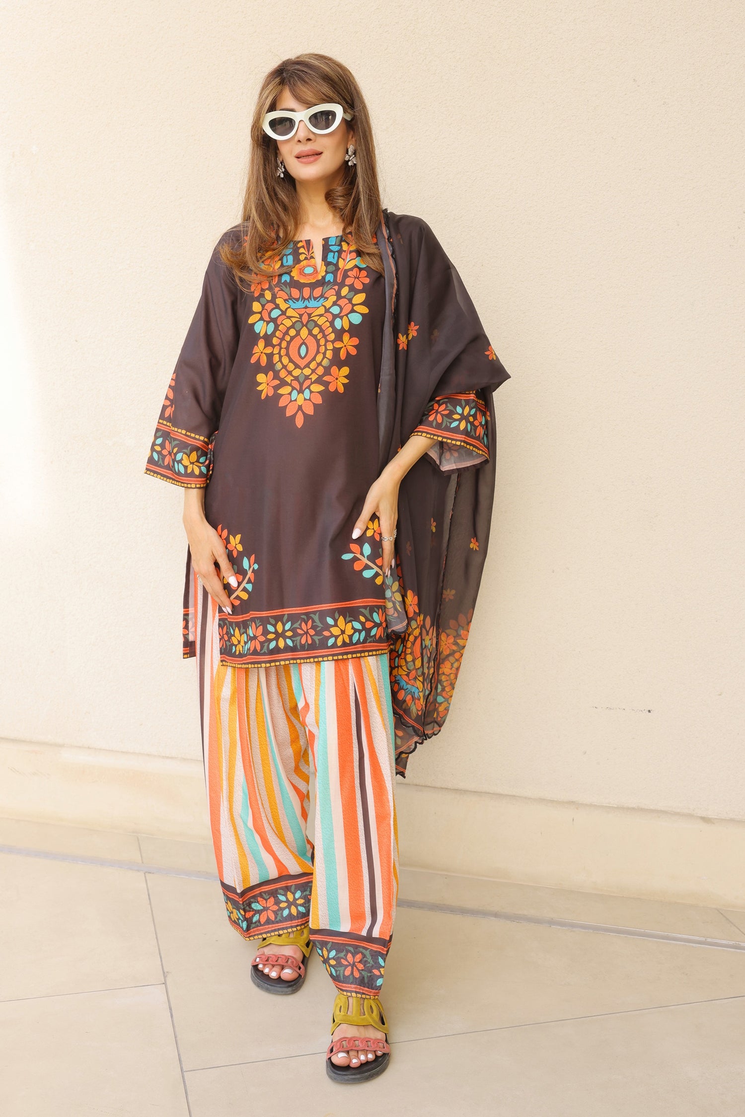 Neha x HOK in Black Multicolour Printed Lawn Cotton Kurta Set with Farsi Pants