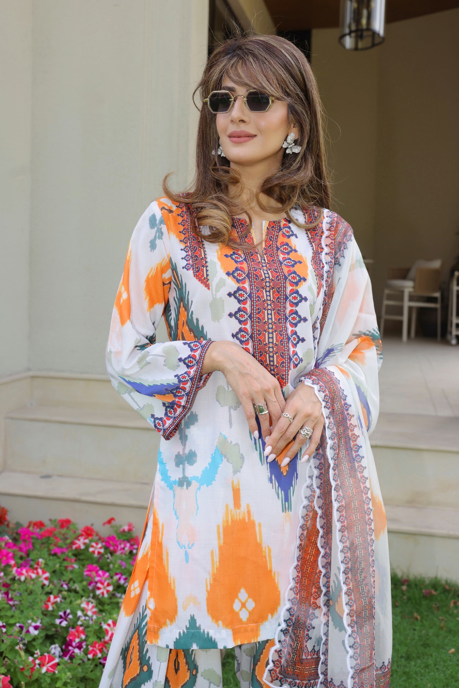 Neha x HOK in Grey Multicolour Ikat Printed Lawn Cotton Kurta Set with Farsi Pants