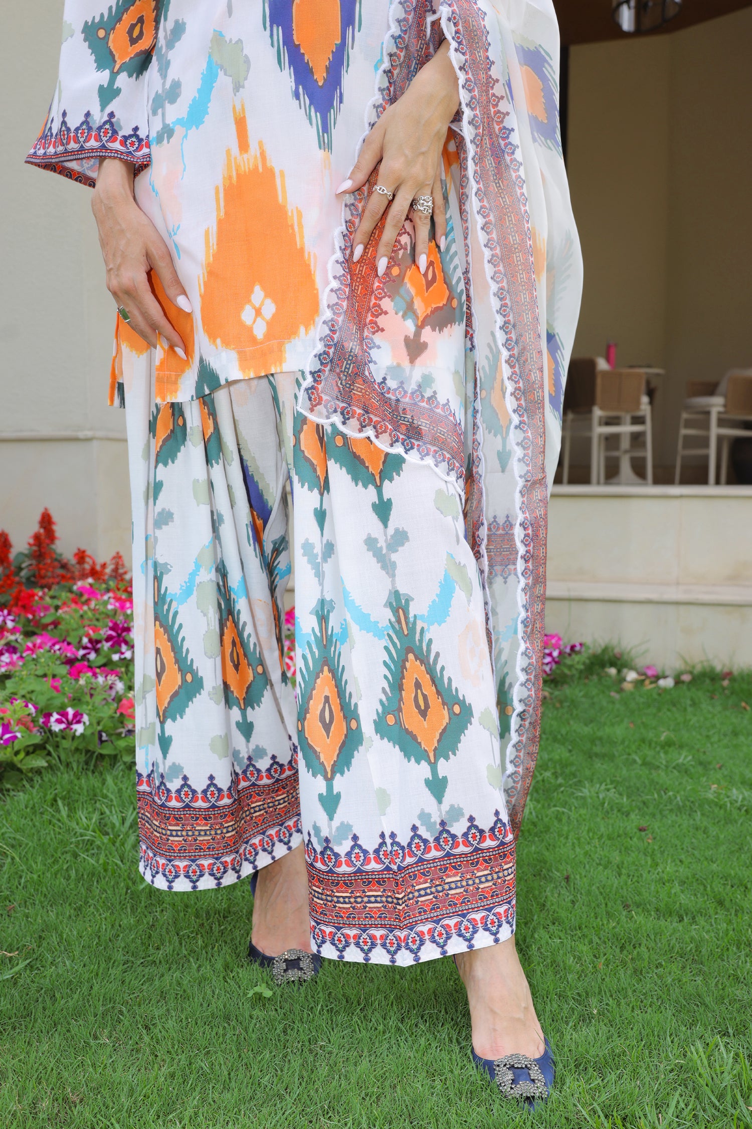 Neha x HOK in Grey Multicolour Ikat Printed Lawn Cotton Kurta Set with Farsi Pants