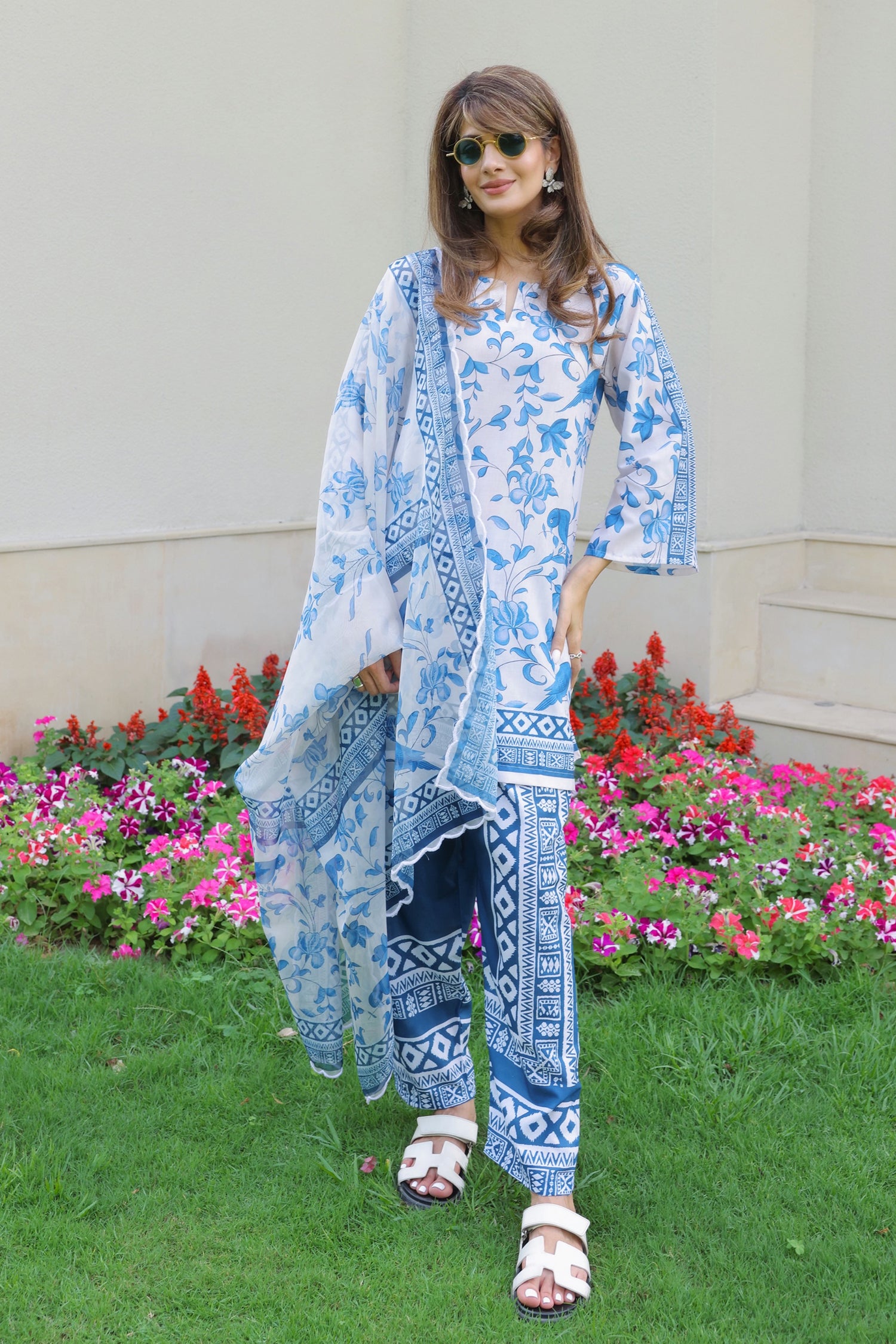 Neha x HOK in Ivory & Indigo Printed Lawn Cotton Co-ord Set with Straight Pants