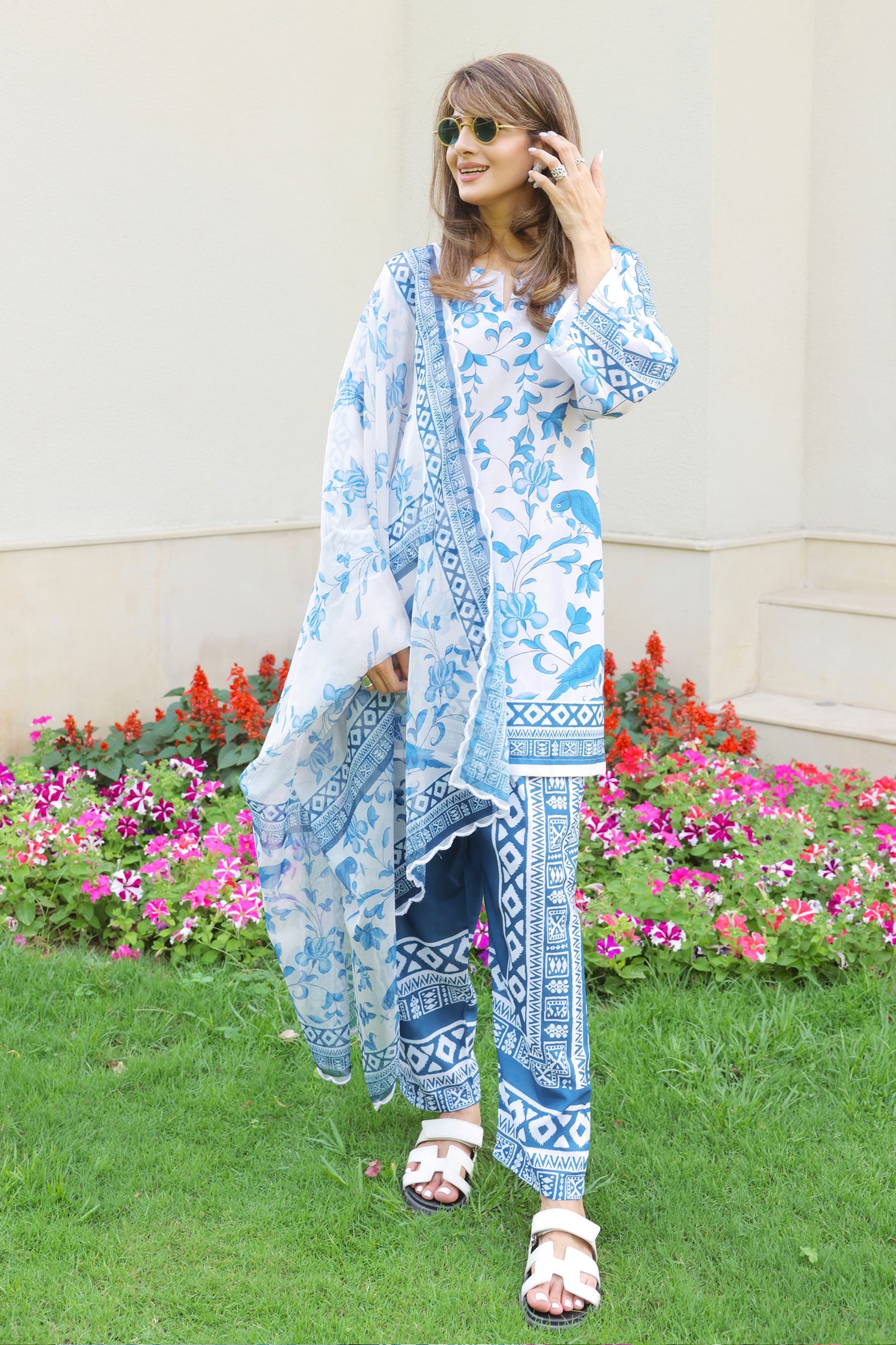 Neha x HOK in Ivory & Indigo Printed Lawn Cotton Co-ord Set with Straight Pants