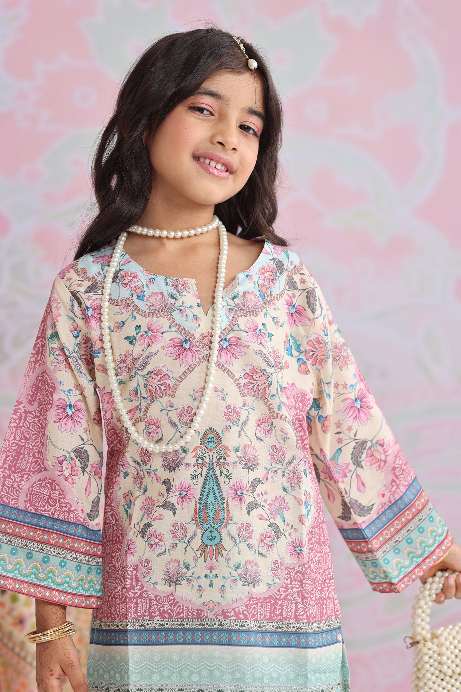 Kids Floral Printed Lawn Cotton Co-ord Set in Cream & Mint Green