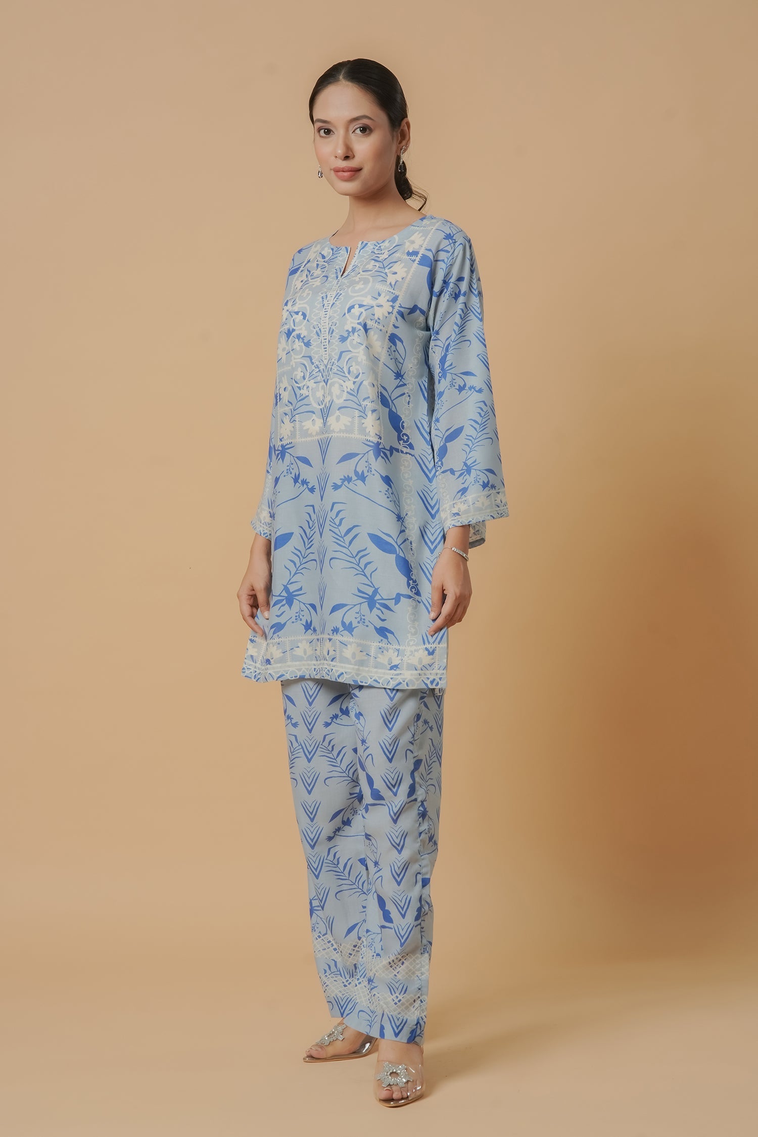 Lawn Cotton Printkari Co-ord Set – Sky Blue With Straight pant
