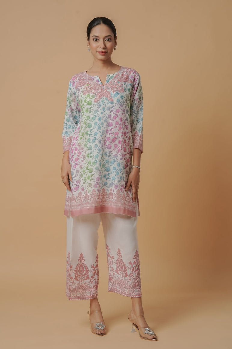 Shivani in Lawn Cotton Printkari Co-ord Set – White Multicolor With Straight pant