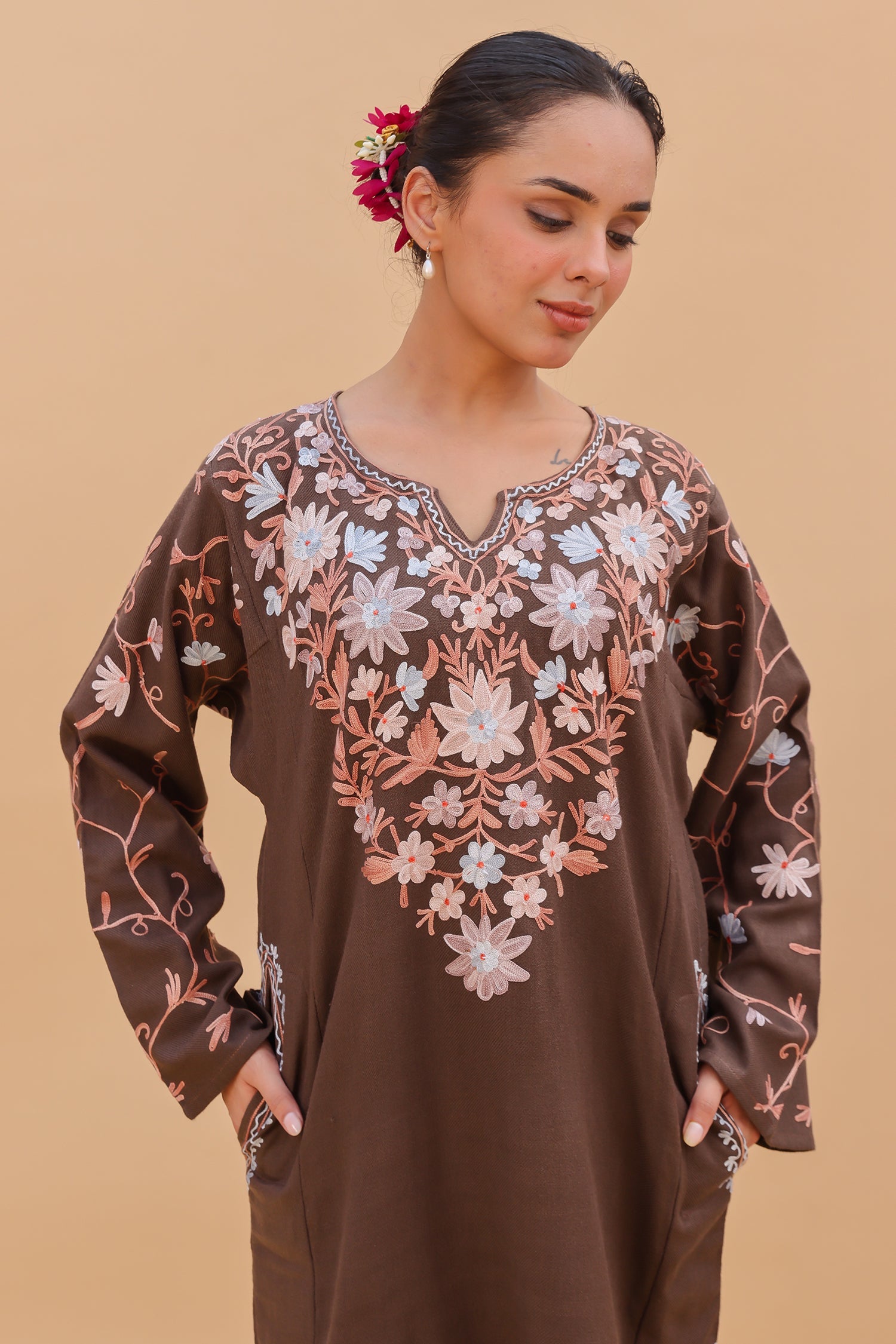 Woolen Phiran in Kashmiri Aari Embroidery - Beige