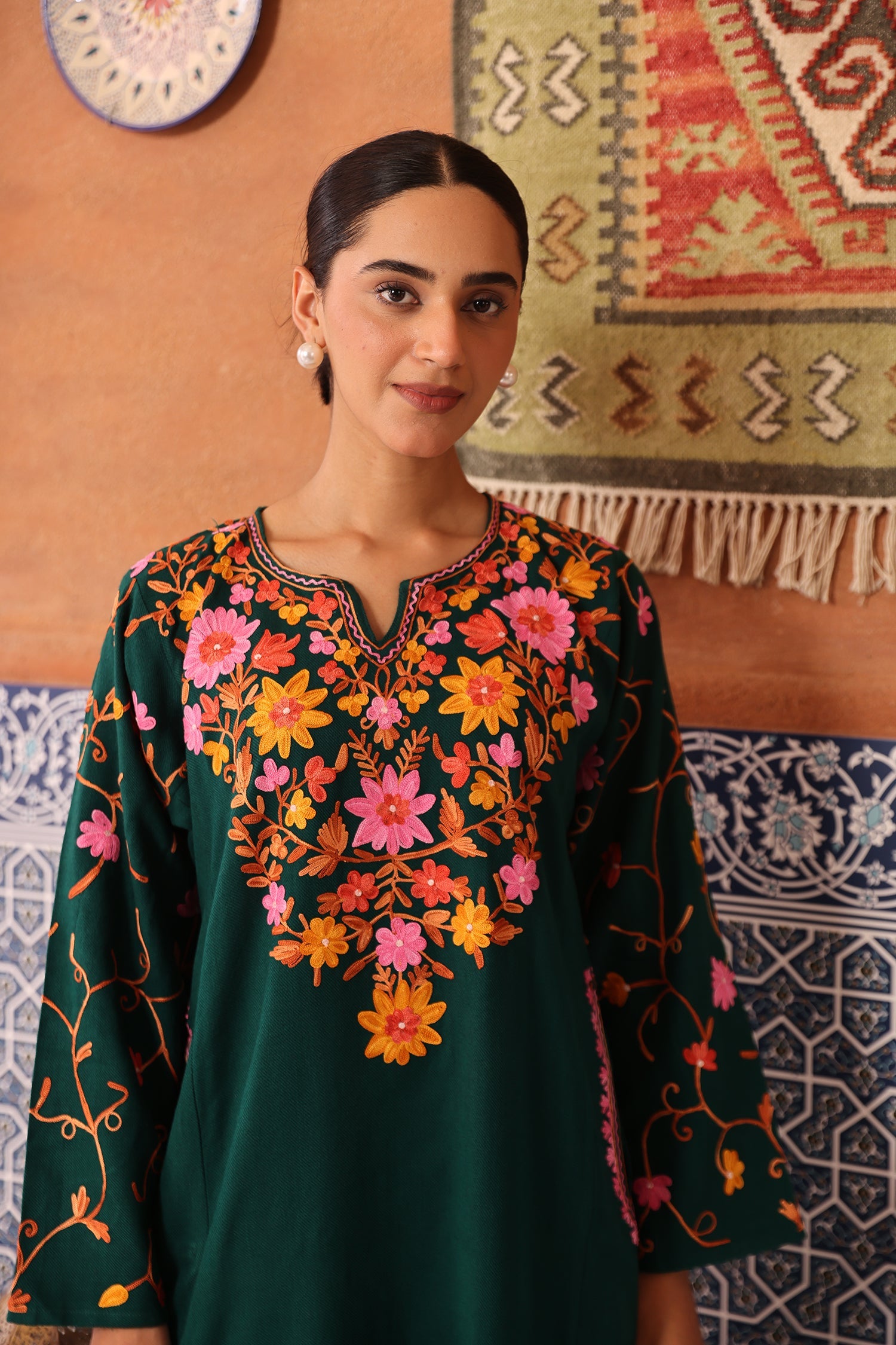 Woolen Phiran in Kashmiri Aari Embroidery - Green