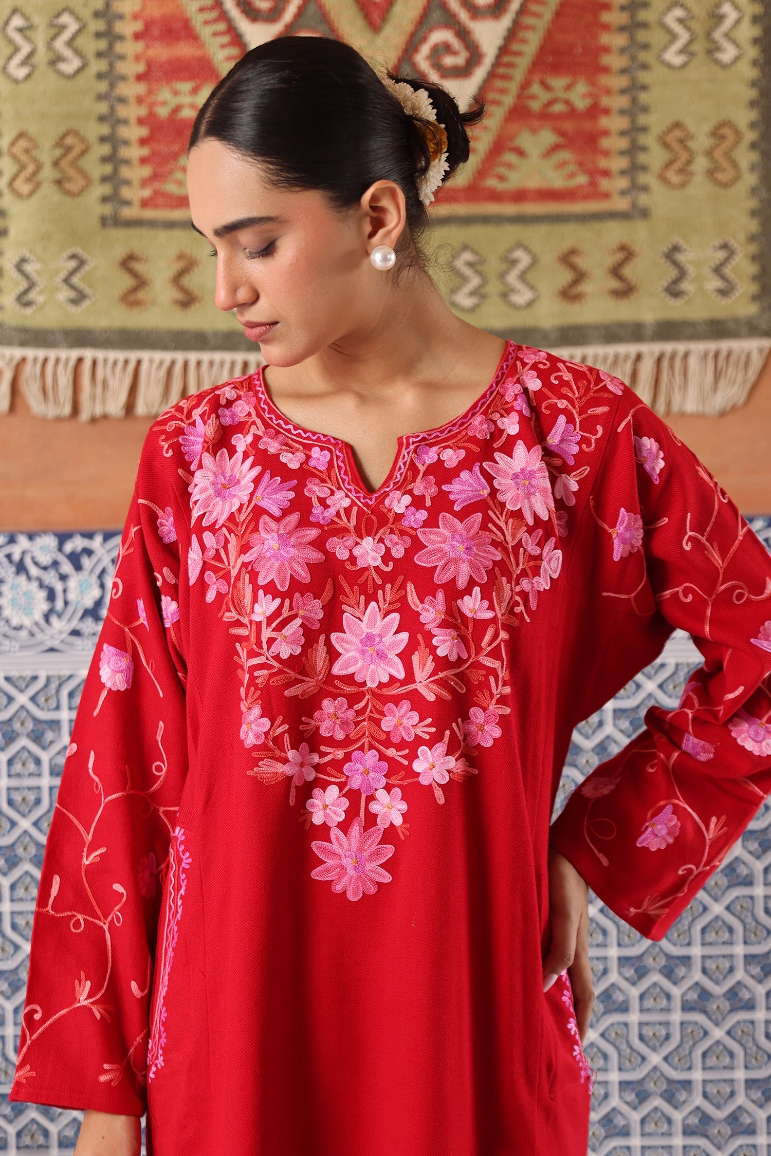 Woolen Phiran in Kashmiri Aari Embroidery - Red