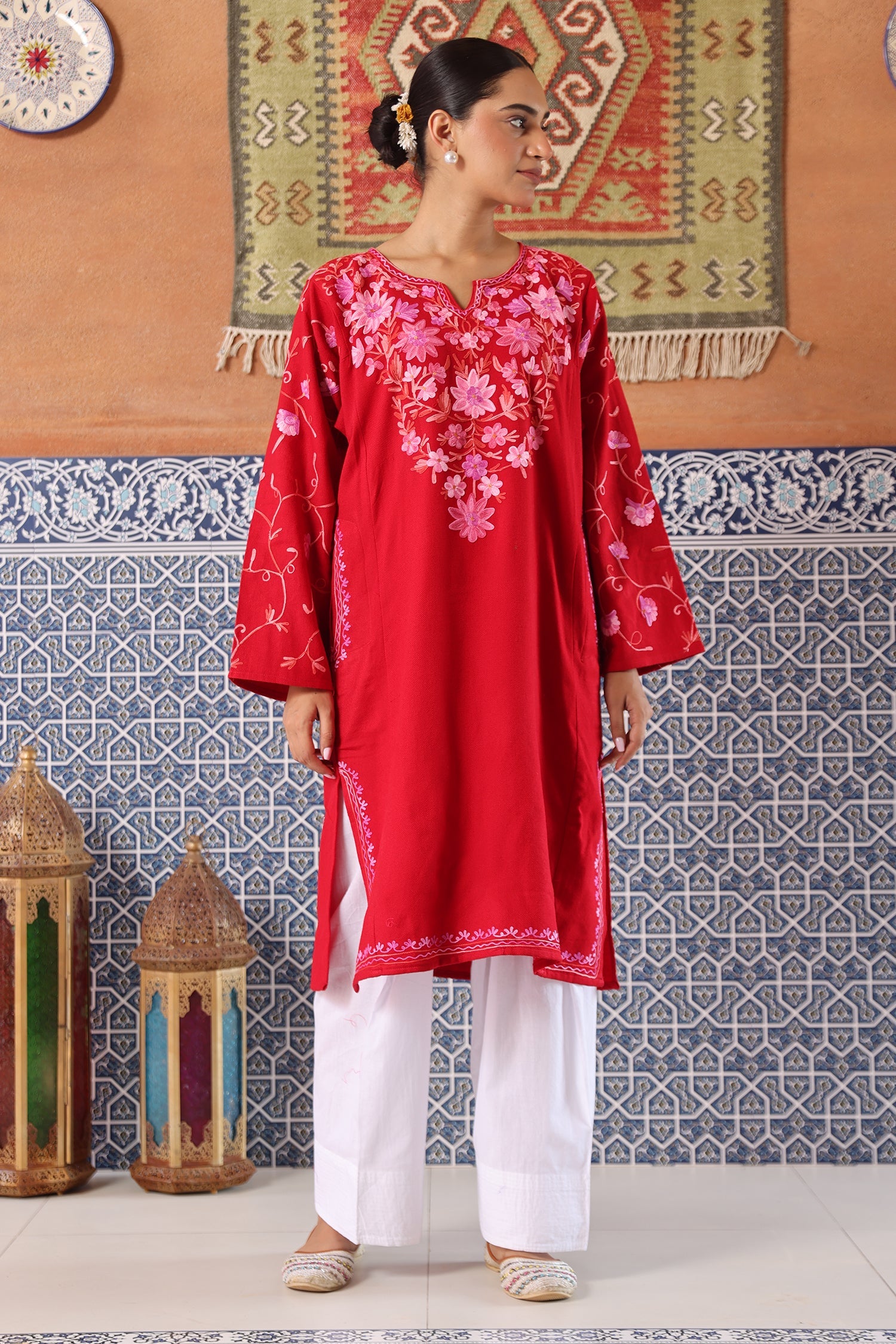 Woolen Phiran in Kashmiri Aari Embroidery - Red
