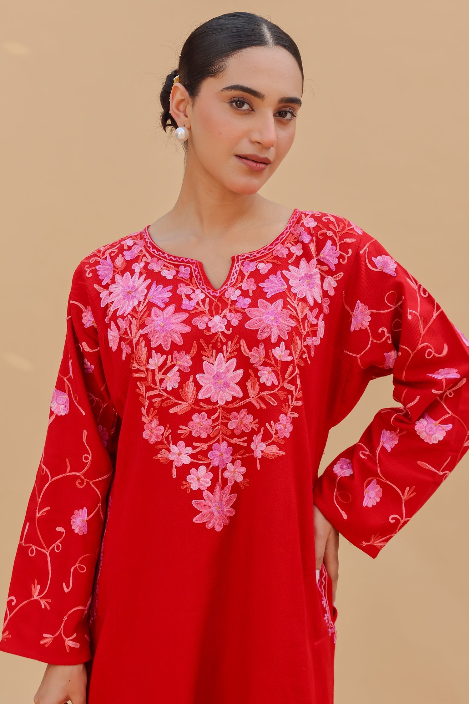 Woolen Phiran in Kashmiri Aari Embroidery - Red