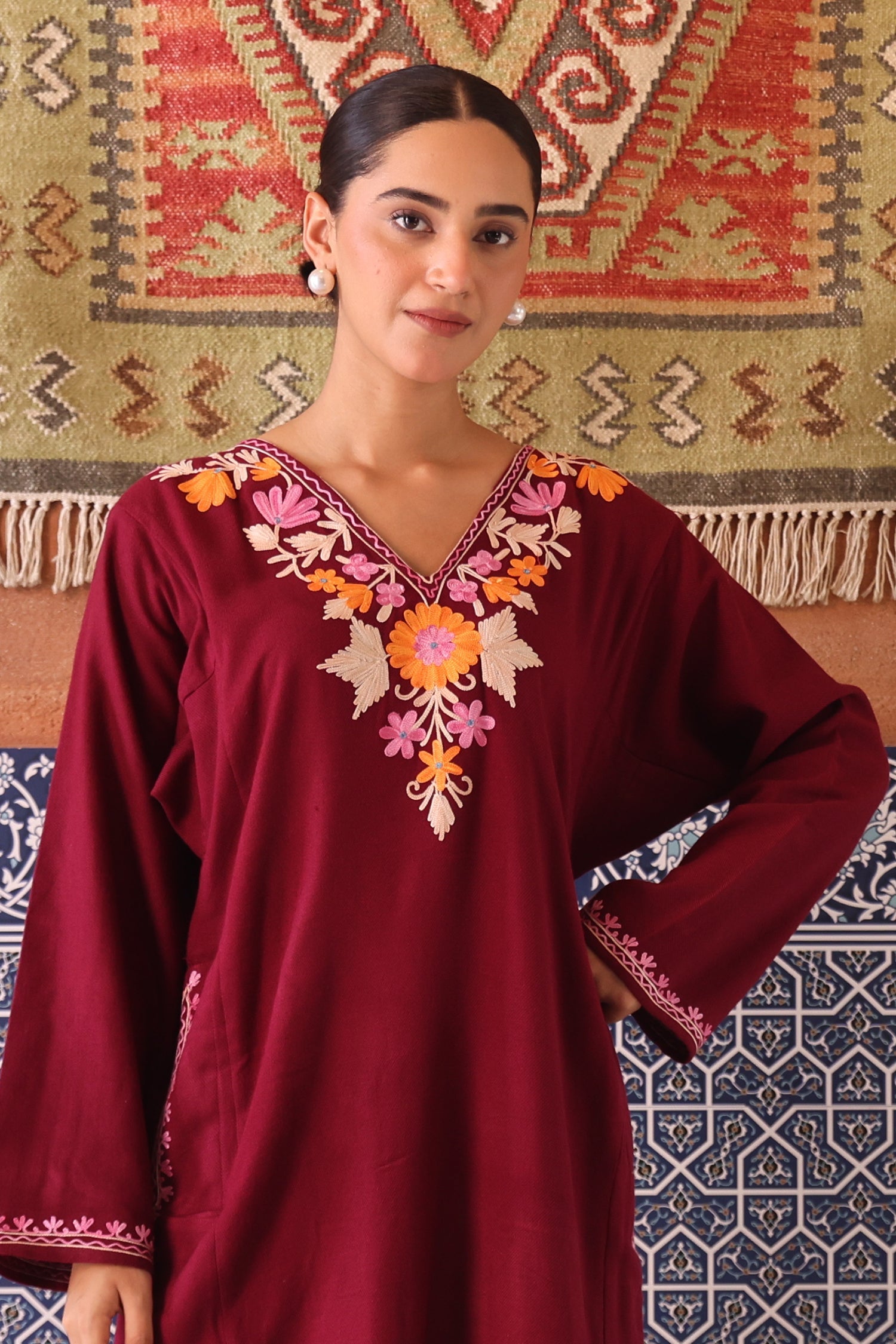 Woolen Phiran in Kashmiri Aari Embroidery - Maroon