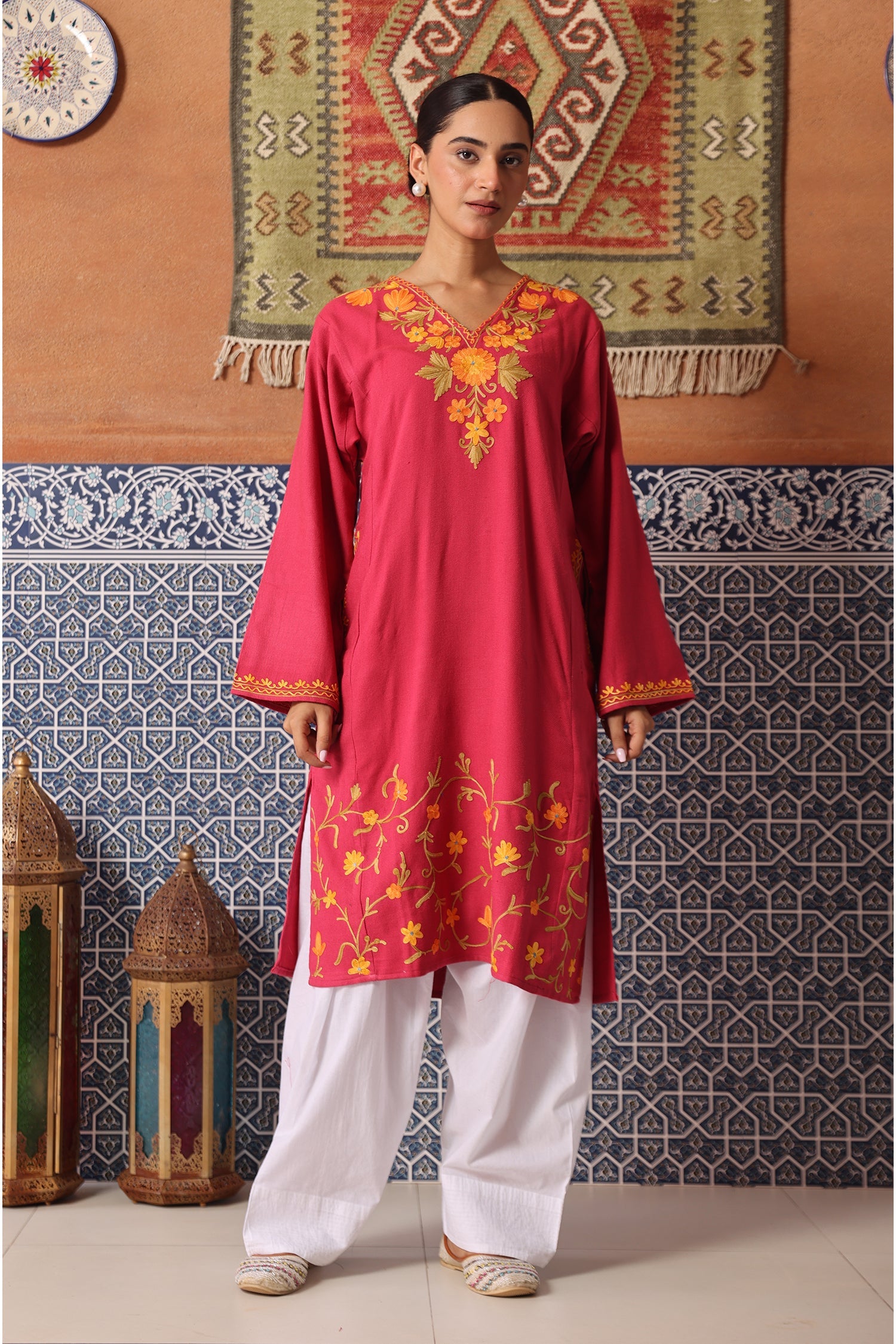 Woolen Phiran in Kashmiri Aari Embroidery - Red