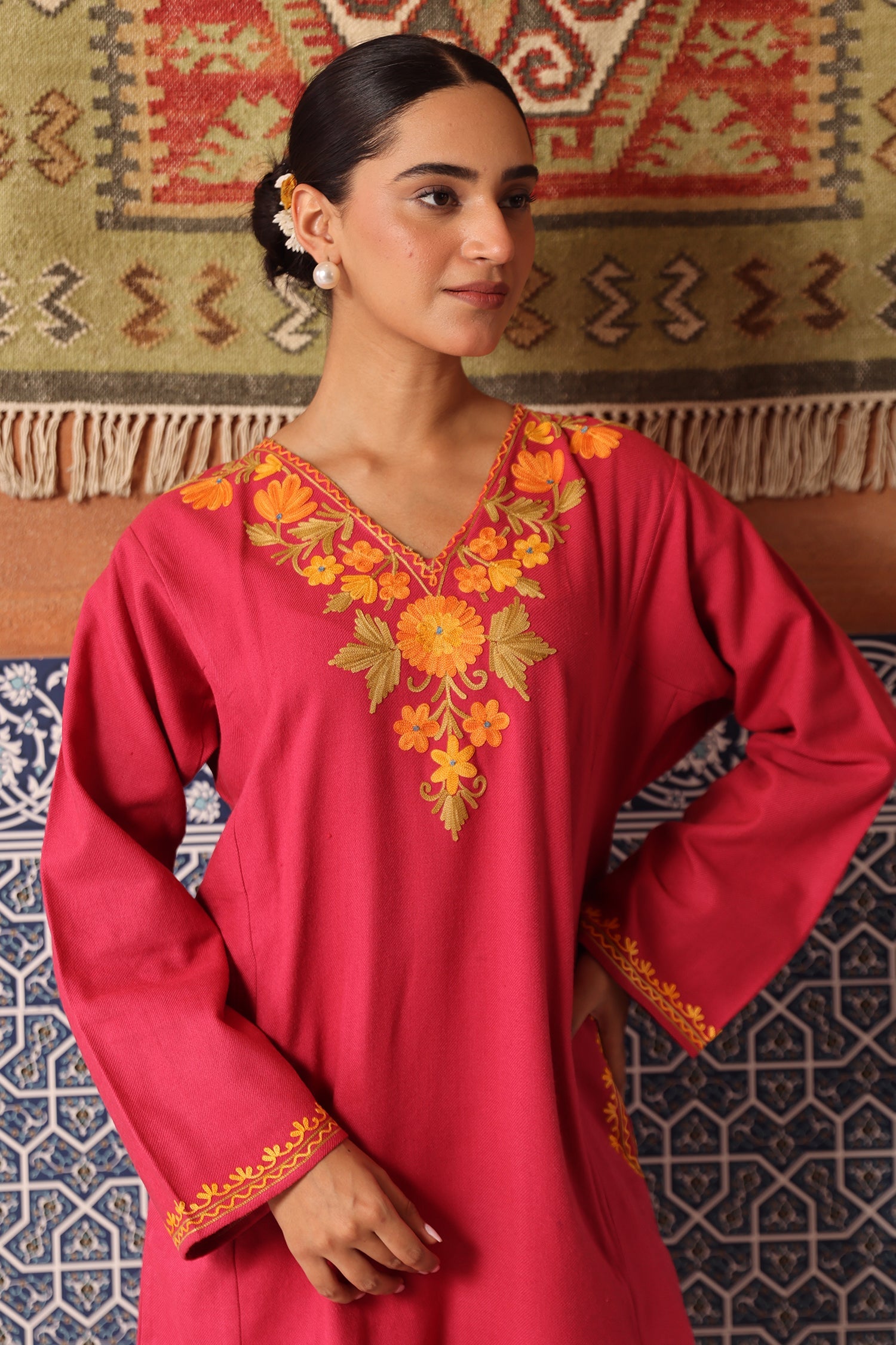 Woolen Phiran in Kashmiri Aari Embroidery - Red