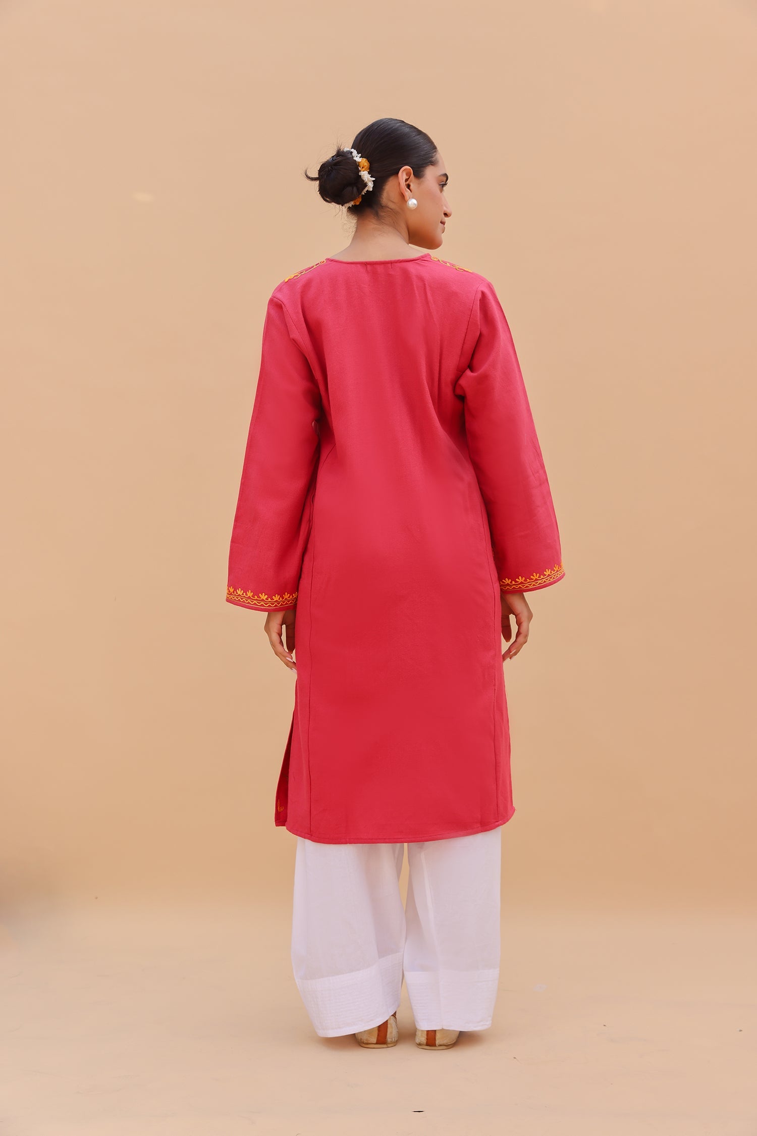 Woolen Phiran in Kashmiri Aari Embroidery - Red