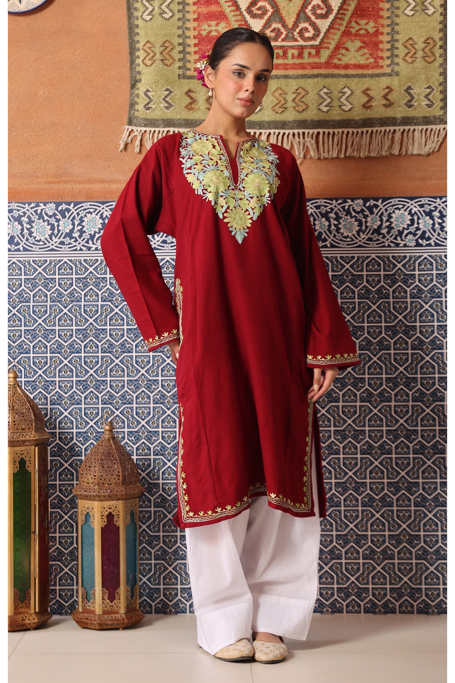 Woolen Phiran in Kashmiri Aari Embroidery - Maroon