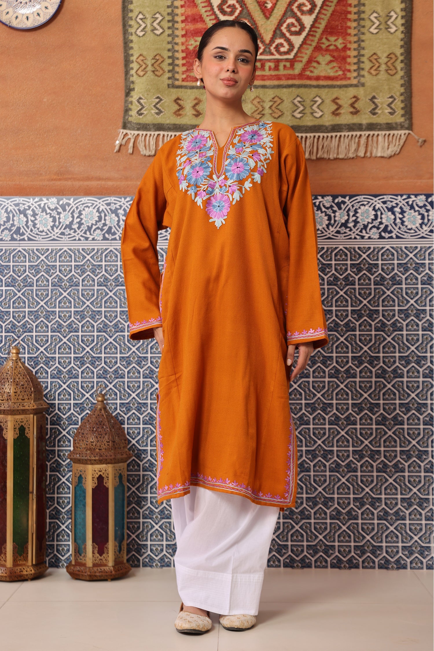 Woolen Phiran in Kashmiri Aari Embroidery - Orange