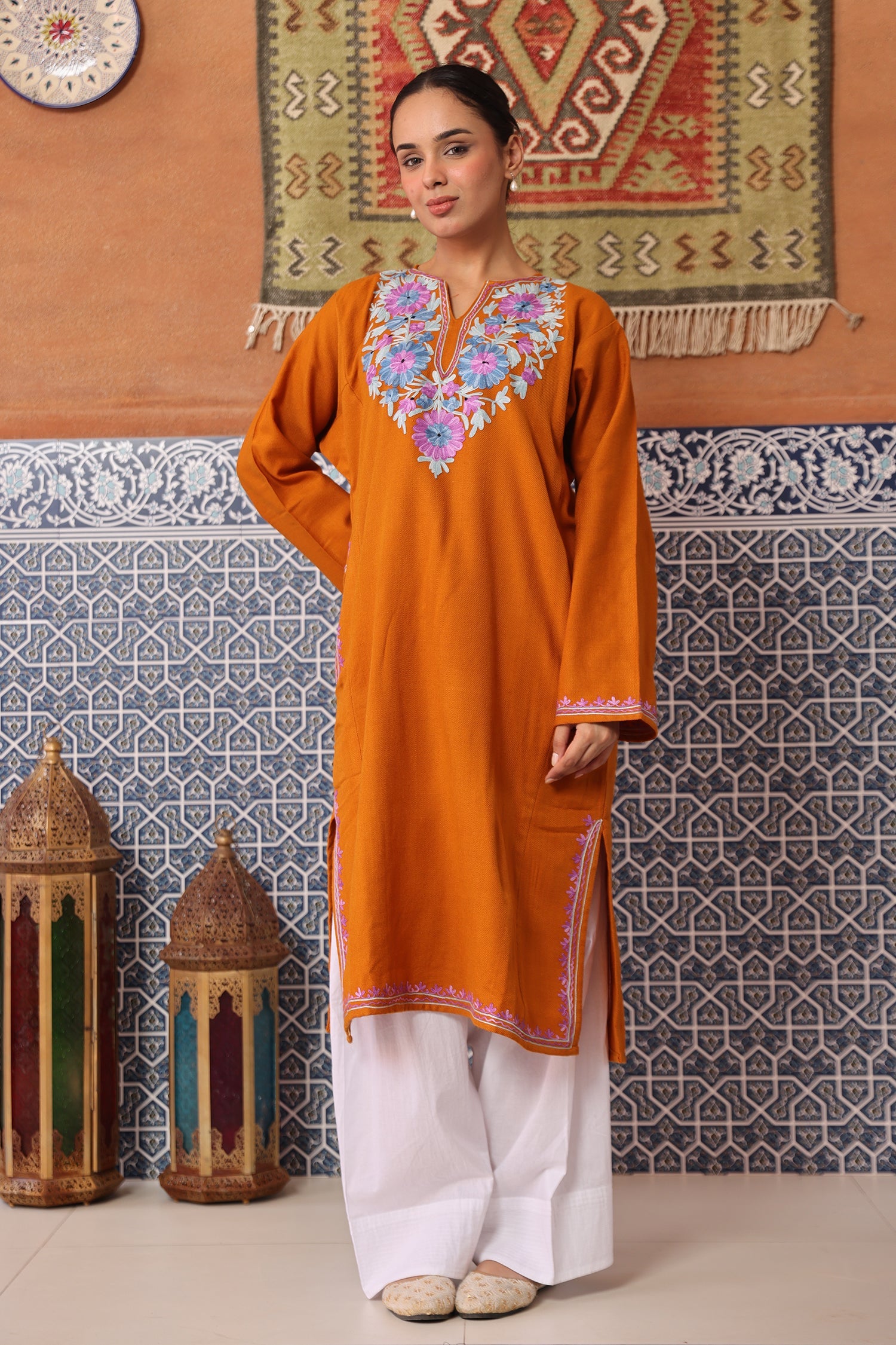 Woolen Phiran in Kashmiri Aari Embroidery - Orange