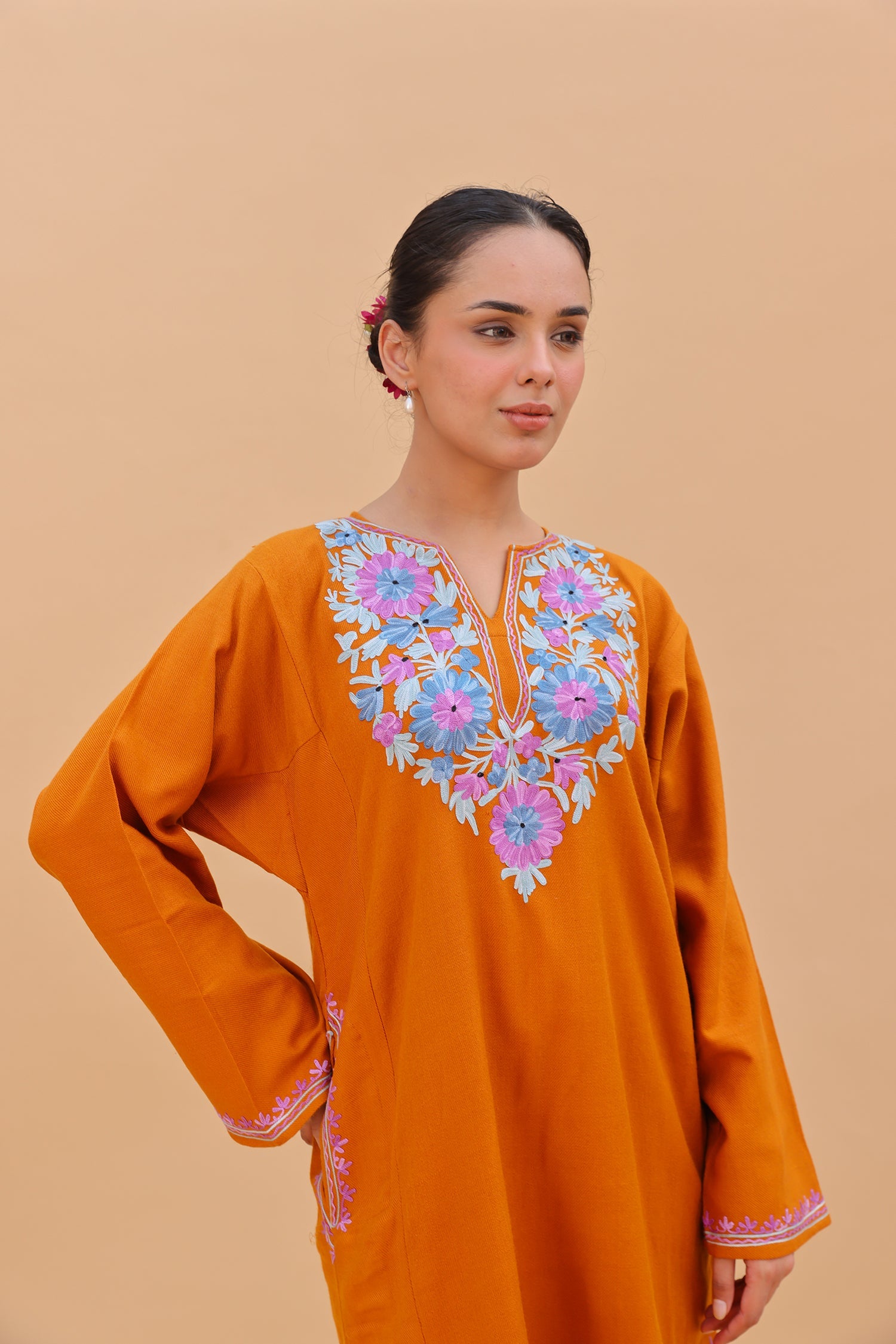 Woolen Phiran in Kashmiri Aari Embroidery - Orange