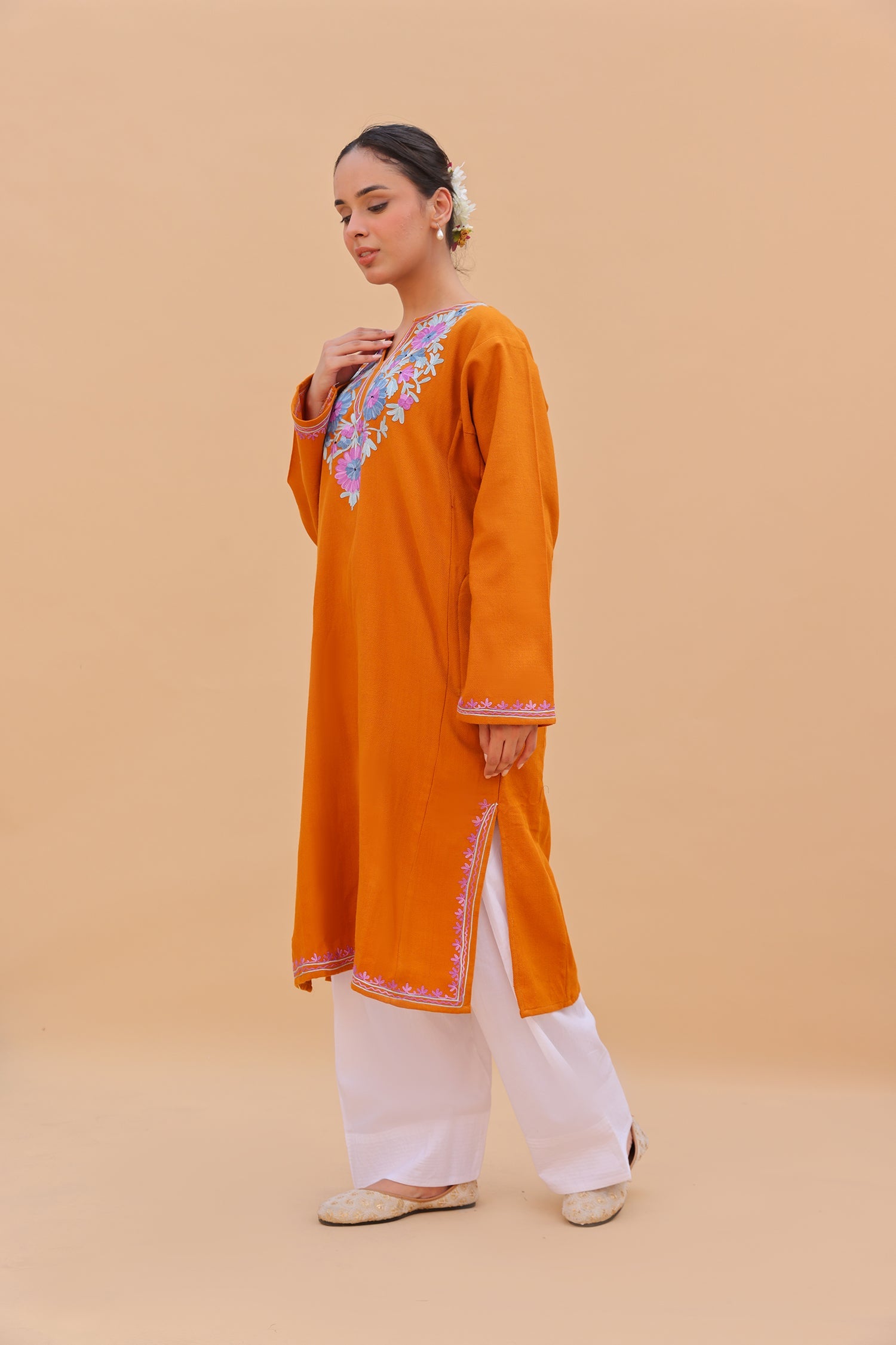 Woolen Phiran in Kashmiri Aari Embroidery - Orange