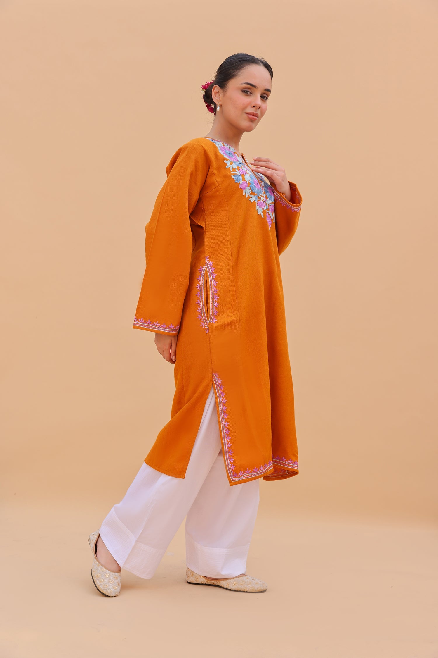 Woolen Phiran in Kashmiri Aari Embroidery - Orange