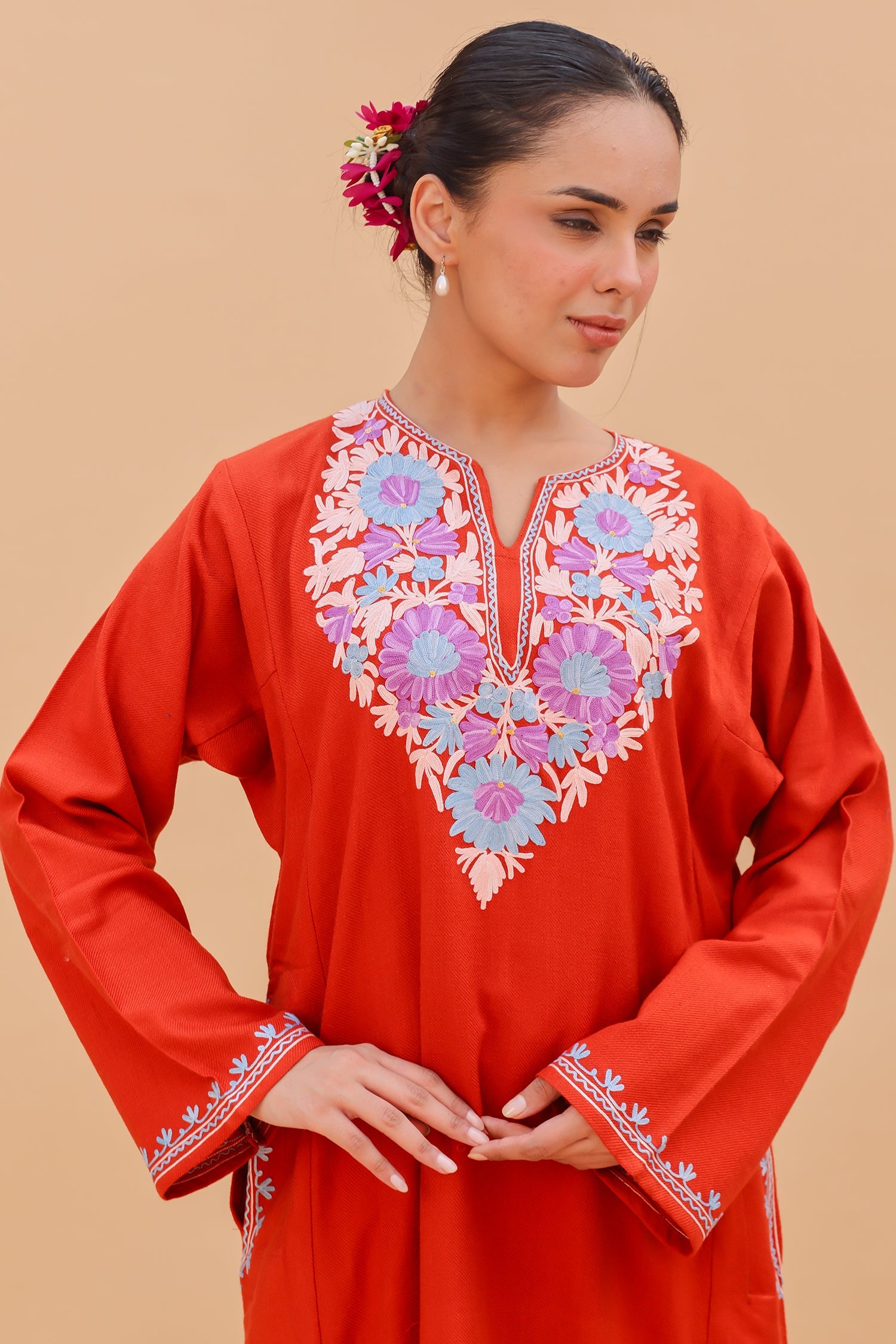Woolen Phiran in Kashmiri Aari Embroidery - Red