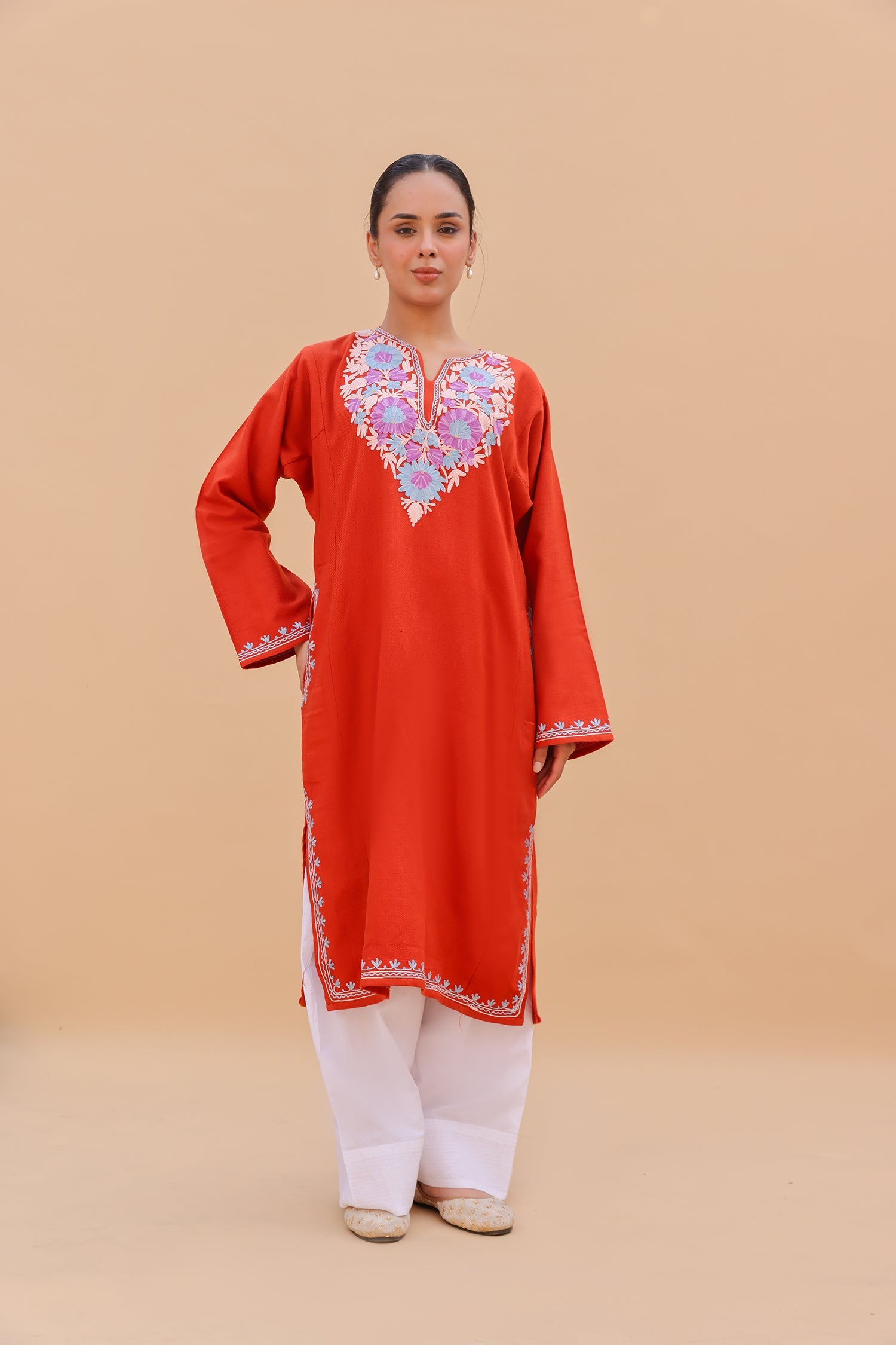 Woolen Phiran in Kashmiri Aari Embroidery - Red