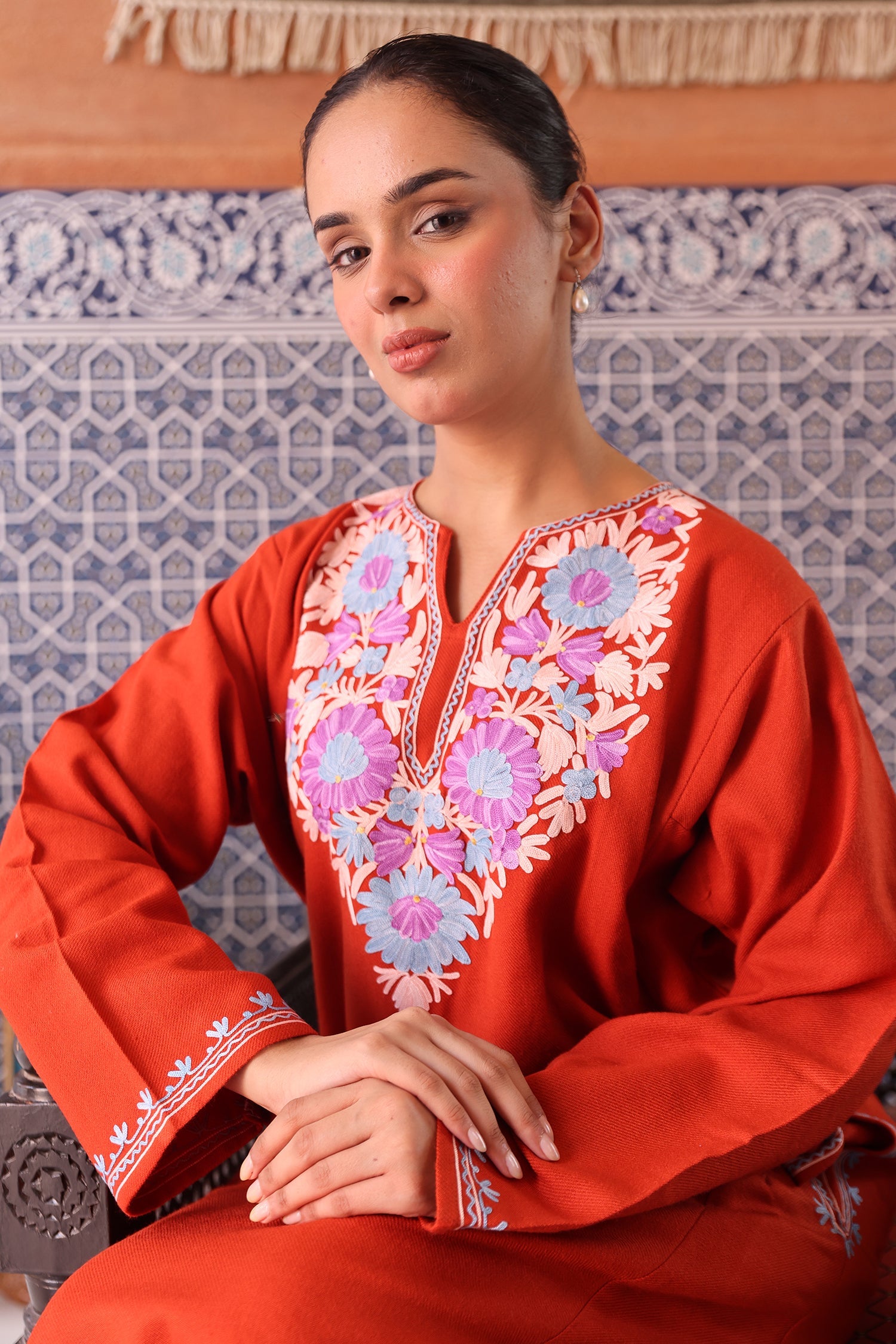 Woolen Phiran in Kashmiri Aari Embroidery - Red