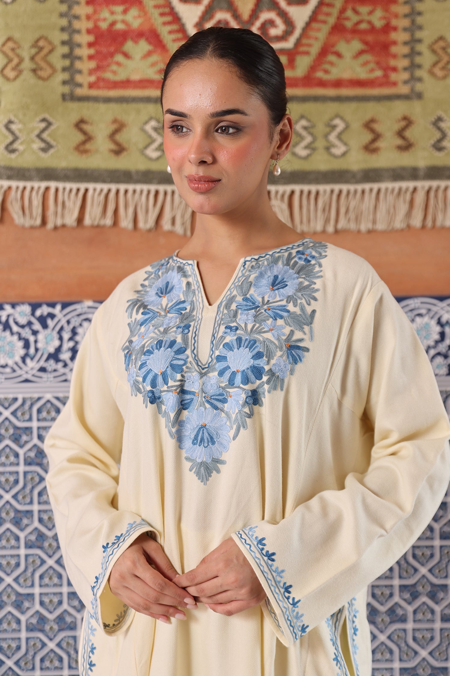 Woolen Phiran in Kashmiri Aari Embroidery - White