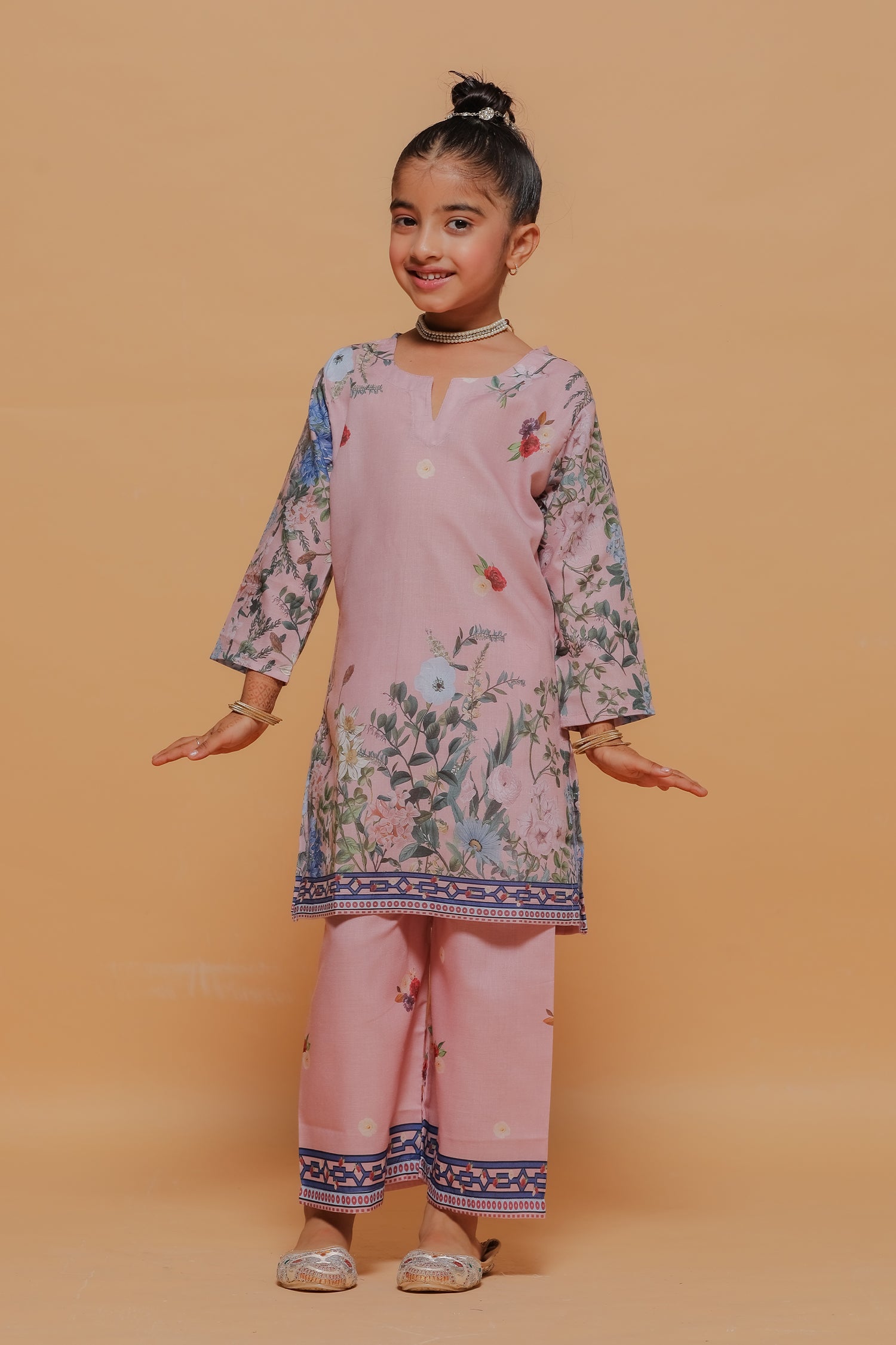Kids Blush Pink Floral Printed Lawn Cotton Co-ord Set