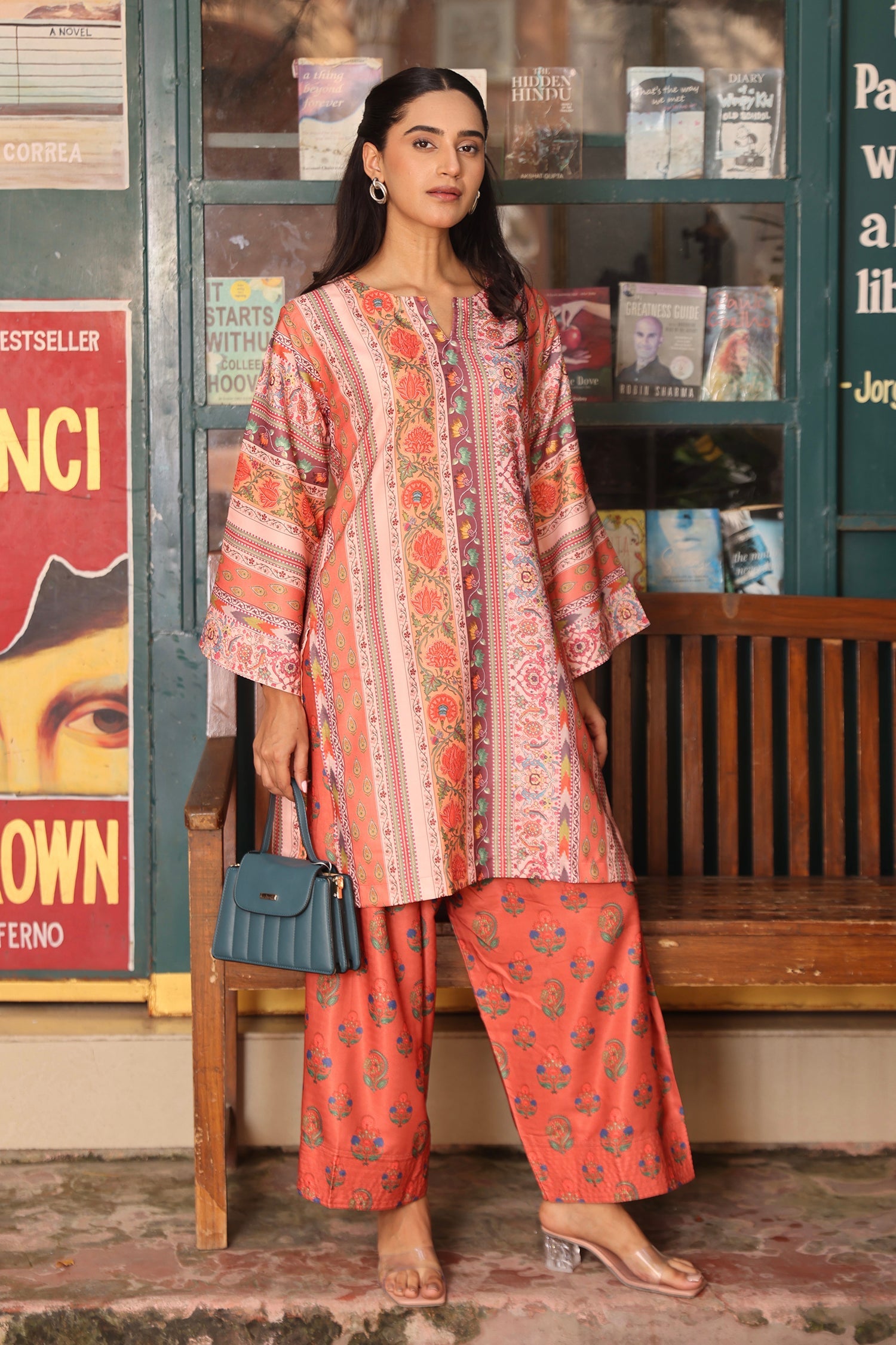 Pashmina Printkari Coord Set with Farsi Bottoms – Rust Orange