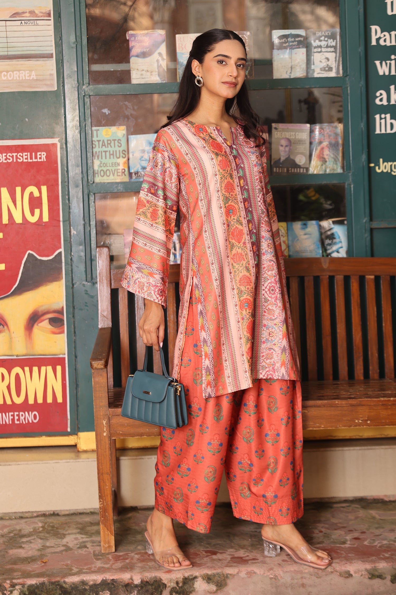 Pashmina Printkari Coord Set with Farsi Bottoms – Rust Orange