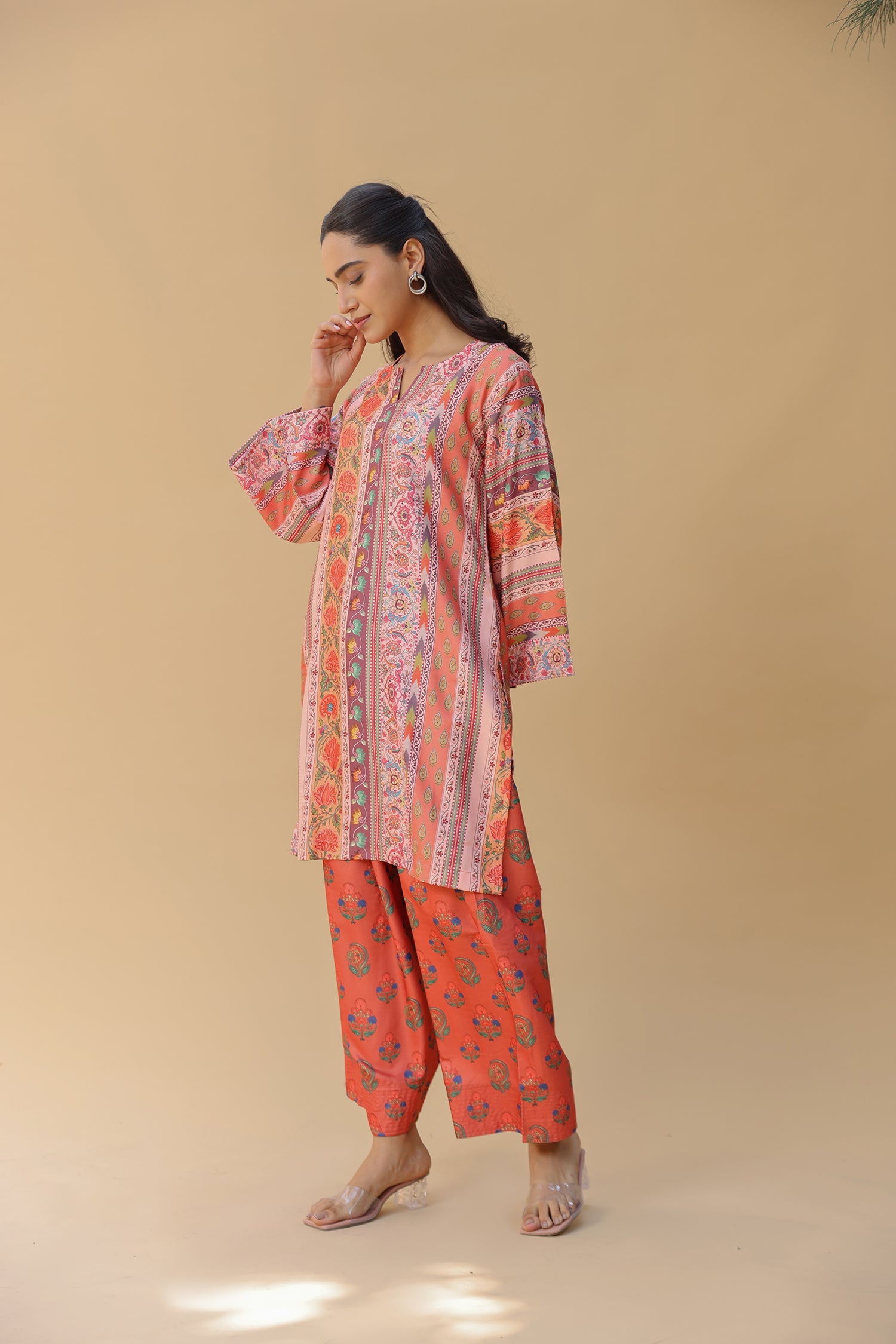 Pashmina Printkari Coord Set with Farsi Bottoms – Rust Orange