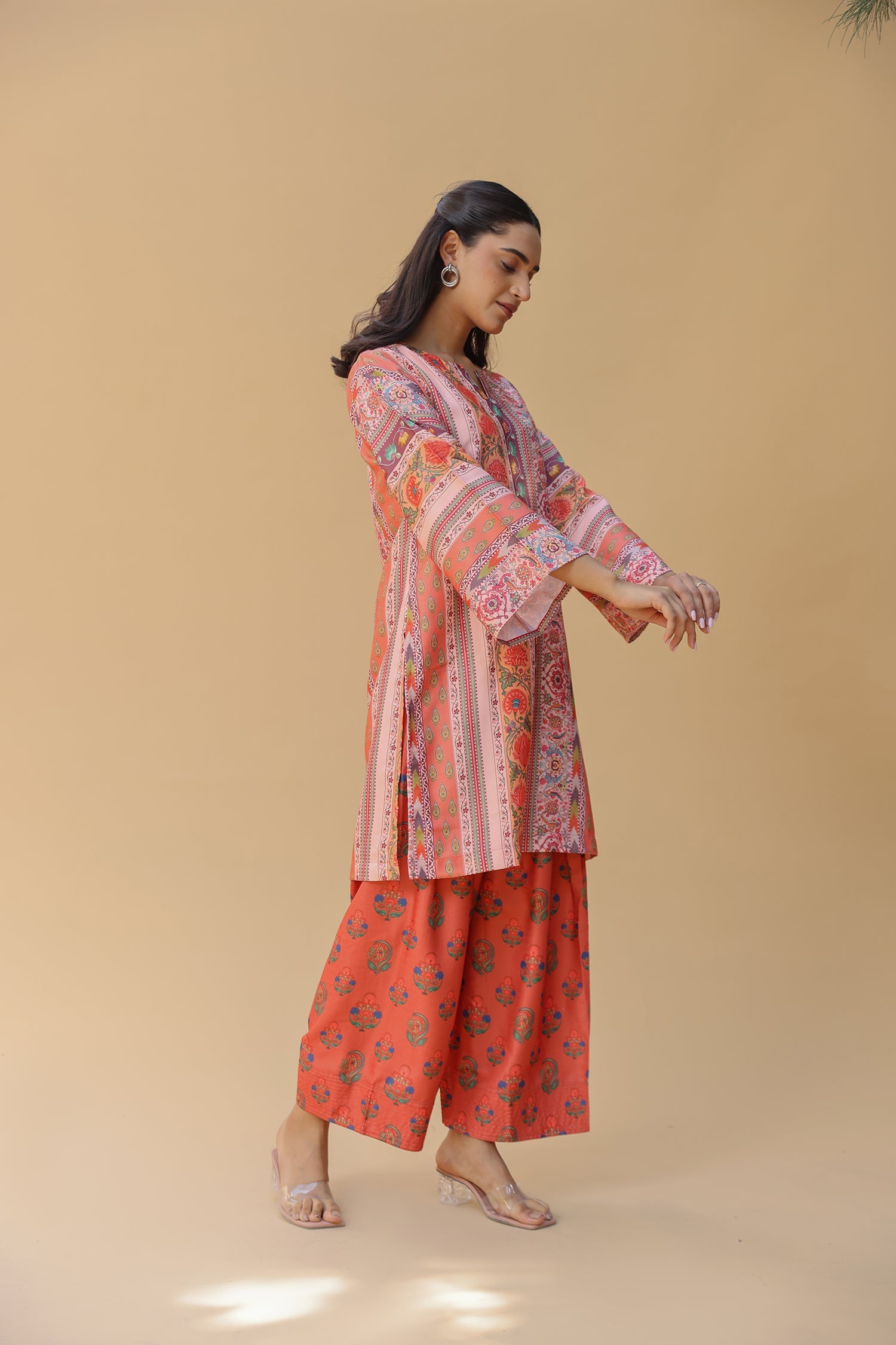 Pashmina Printkari Coord Set with Farsi Bottoms – Rust Orange