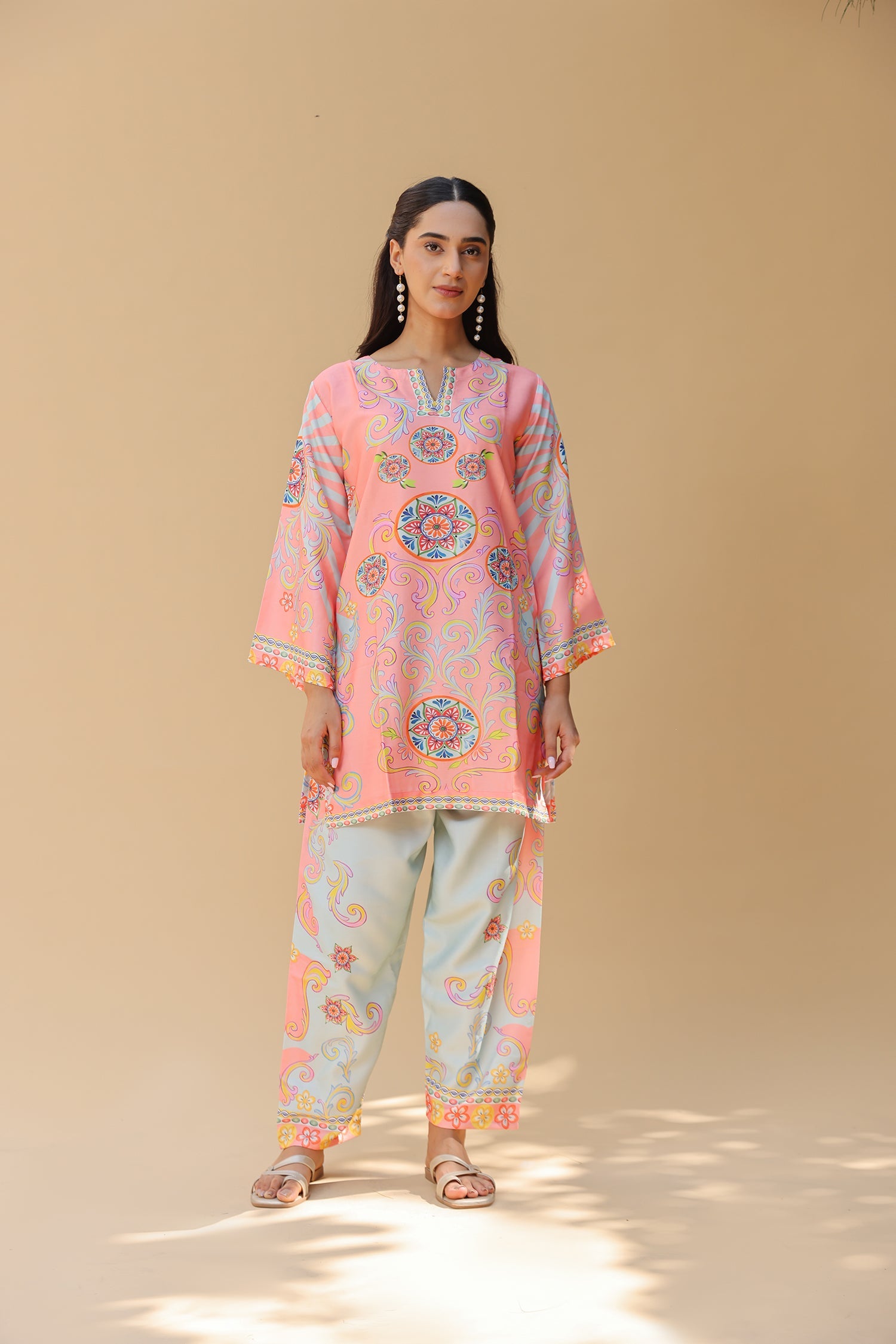 Pashmina Printkari Coord Set with Straight Bottoms – Peach & Aqua