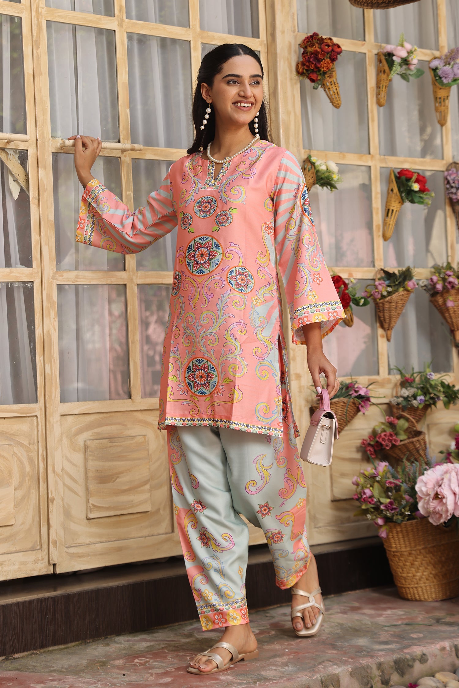 Pashmina Printkari Coord Set with Straight Bottoms – Peach & Aqua