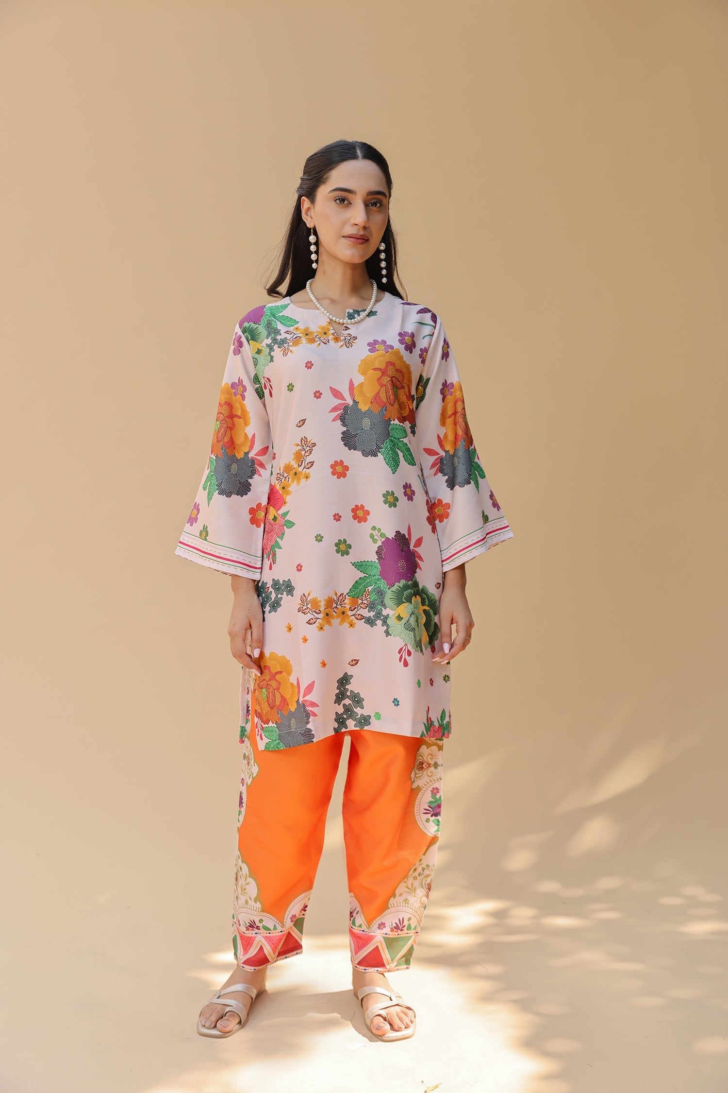 Pashmina Printkari Coord Set with Straight Bottoms – Beige & Rust